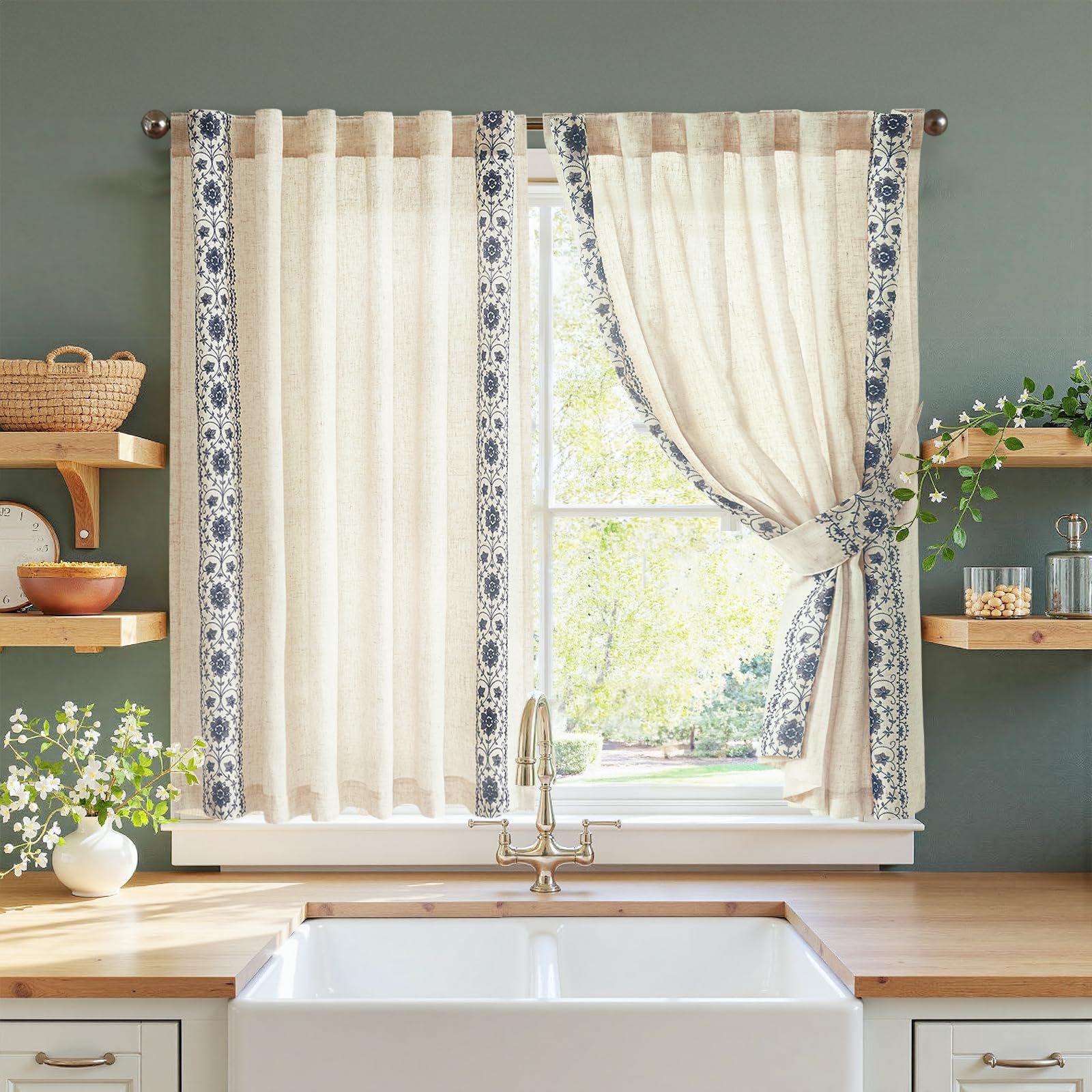 jinchan Weslie Beige Floral Sheer Curtains for Living Room 84 Inch Long Embroidered Voile Farmhouse Linen Curtains for Bedroom Ivory Flower Patterned Cottage Core Window Drapes 2 Panels Ivory on Beige
