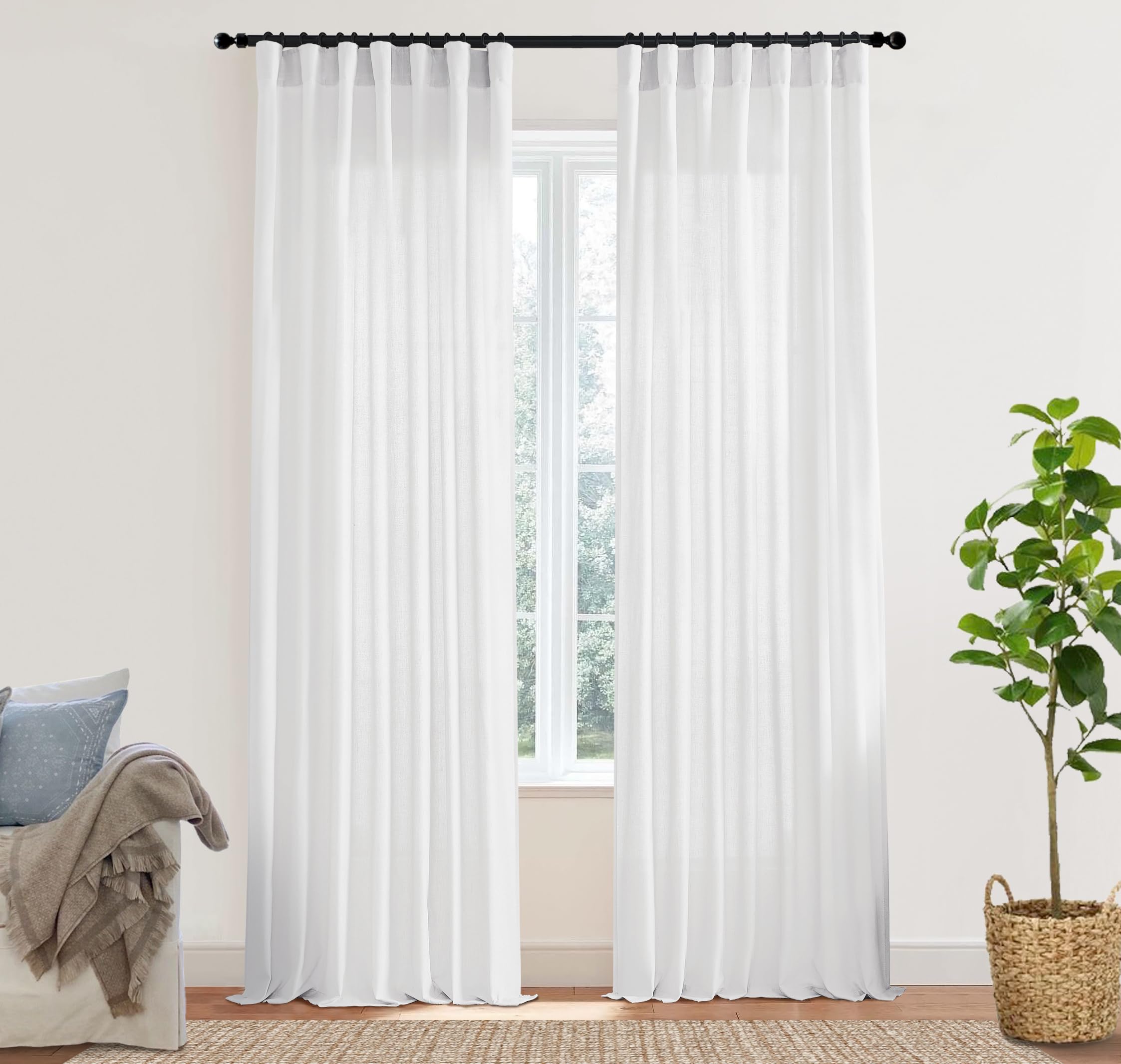 XTMYI 90 Inches Long Sheer Linen Curtains 2 Panels Set,Hook Tape Back Tab Semi Sheer Cotton Blend Fabric Modern Cottage Core Cottagecore Curtain Drapes for Living Room Bedroom,50x90 in Length