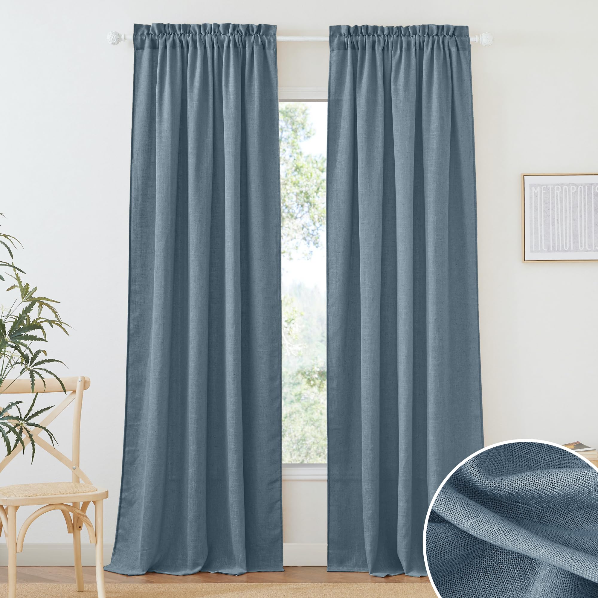 RYB HOME Semi Sheer Curtains 102 inches Long, Back Tab Light Filtration Half Privacy Window Curtains & Drapes for Bedroom Living Room, Linen, W 52 x L 102 inches, 2 Panels Set