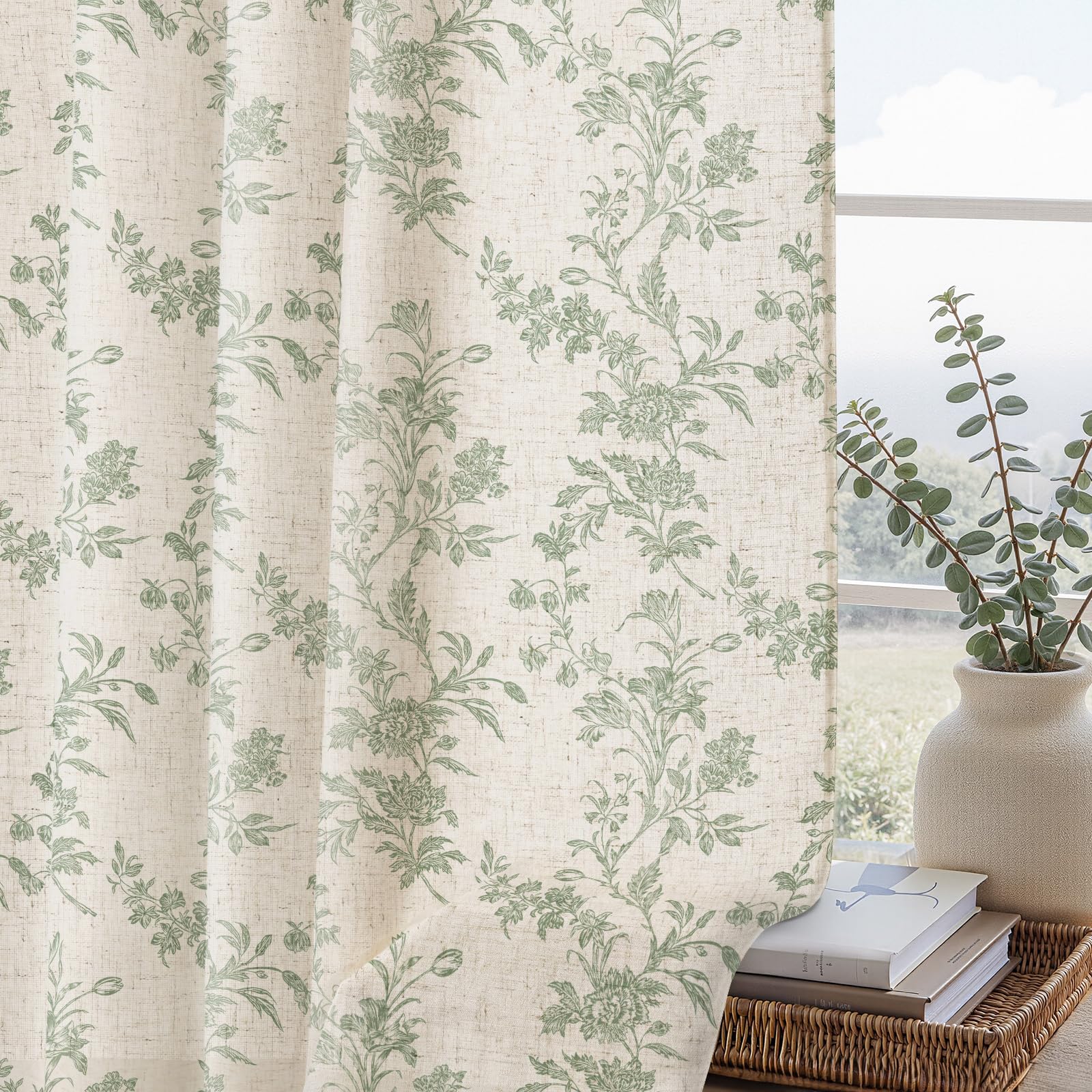 Boho Floral Spring Semi Sheer Curtains 84 Inch Length 2 Panels Set, Linen Texture Farmhouse Light Filtering Curtains Beige Tassel for Bedroom Living Room Vintage Rustic Patterned Printed Rod Pocket