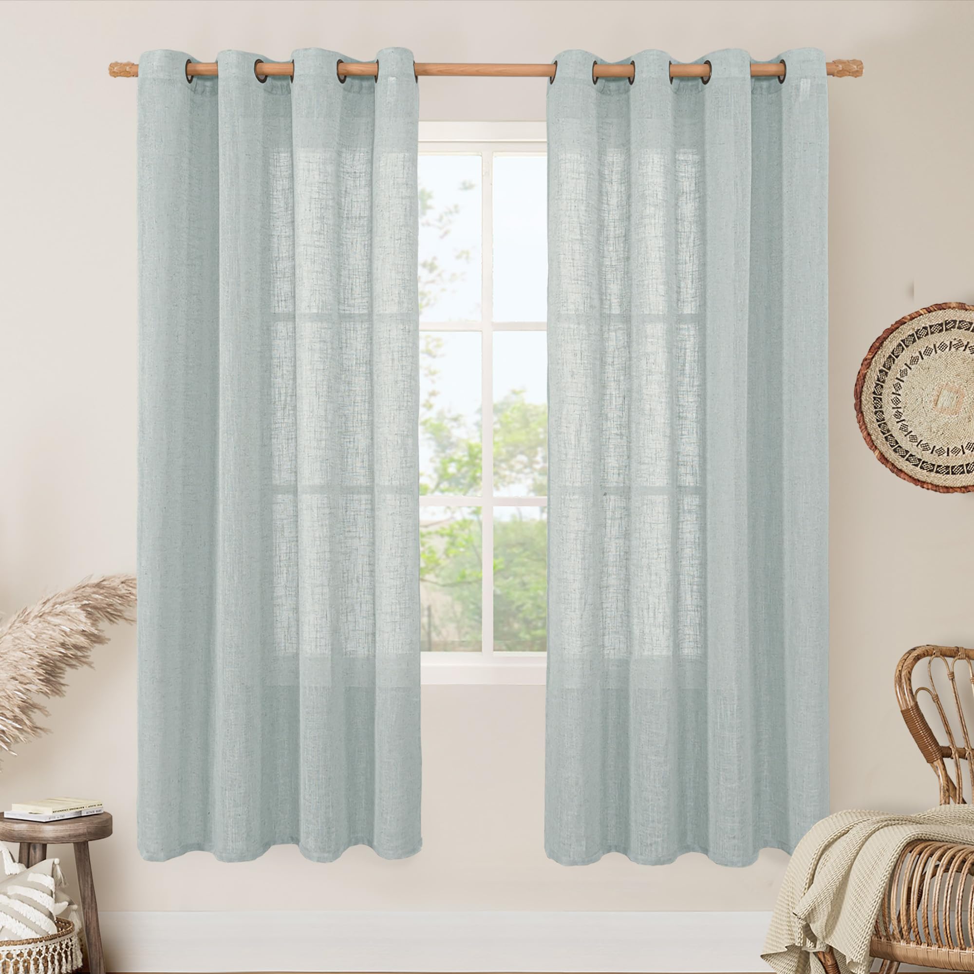 LAMIT Natural Cream Ivory Long Linen Curtains for Living Room, 108 inches Long Bronze Grommet Light Filtering Window Textured Neutral Sheer Drapes for Bedroom Farmhouse, 2 Panels, 52 x 108 Inch