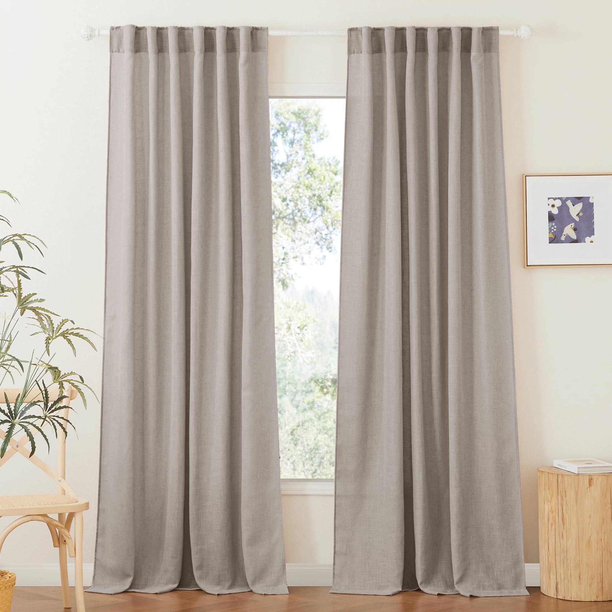 RYB HOME Semi Sheer Curtains 102 inches Long, Back Tab Light Filtration Half Privacy Window Curtains & Drapes for Bedroom Living Room, Linen, W 52 x L 102 inches, 2 Panels Set