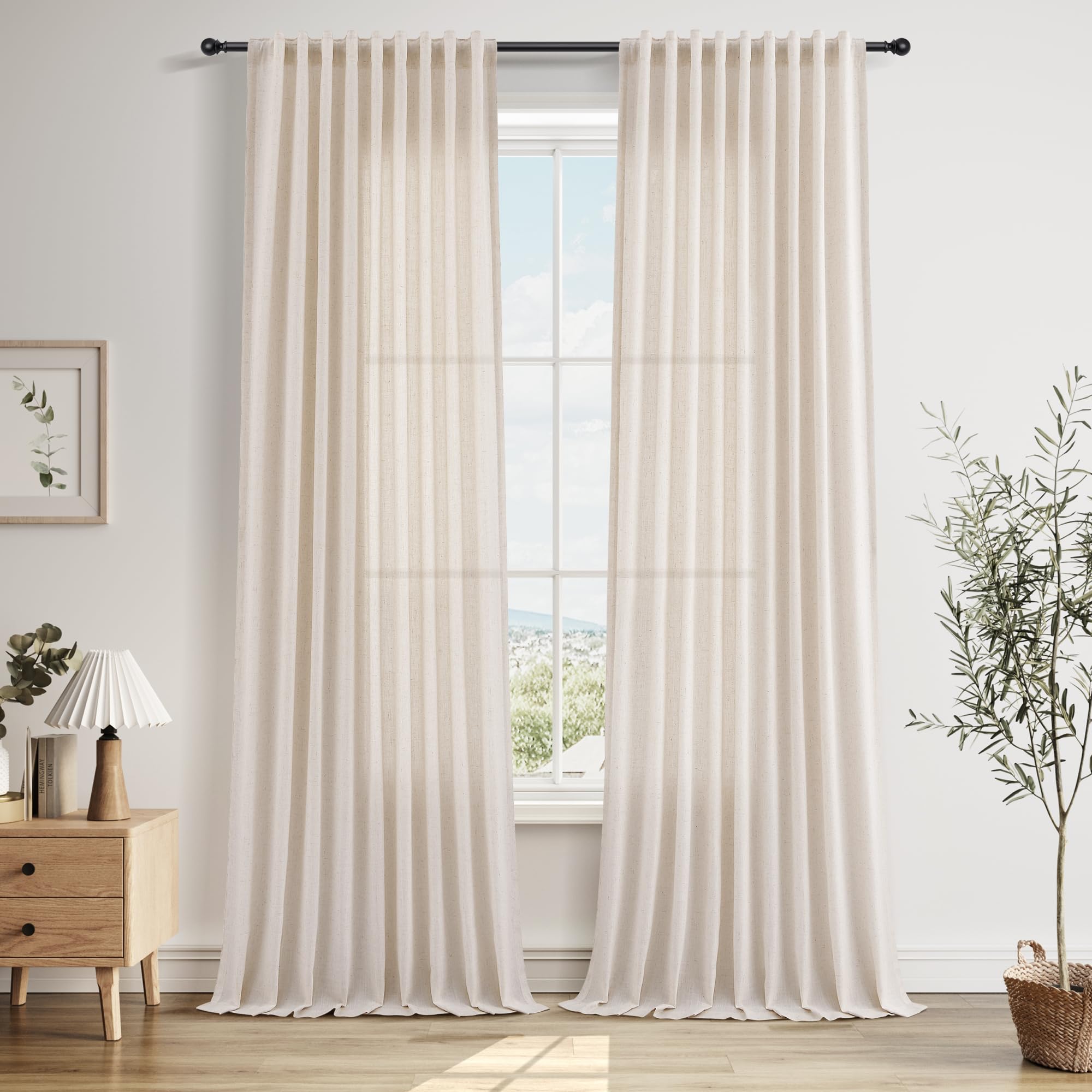 Nanspring Linen Curtains 80 Inches Long for Living Room Semi Sheer Light Filtering Curtain Back Tab Neutral Boho Modern Farmhouse Window Drapes for Bedroom 52x80 2 Panels Cream Ivory Beige Natural