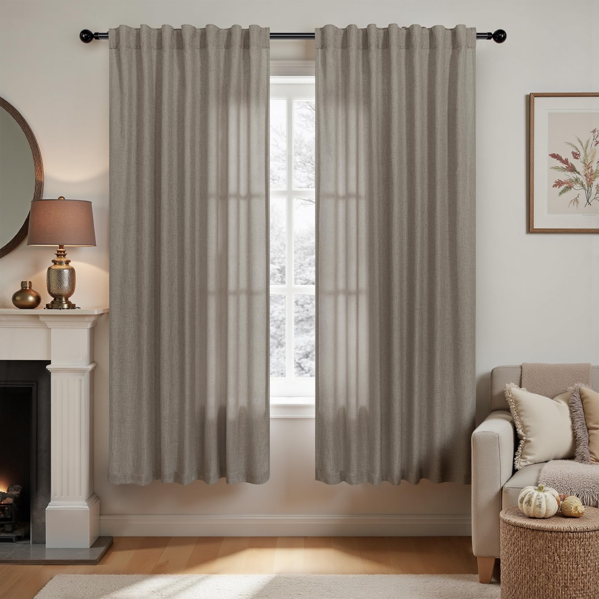 KOUFALL 92 Inch Curtains for Living Room 2 Panels Set,Light Filtering Farmhouse Boho Linen Semi Sheer Curtain Drapes 92 Inches Long for Bedroom,Cream Ivory