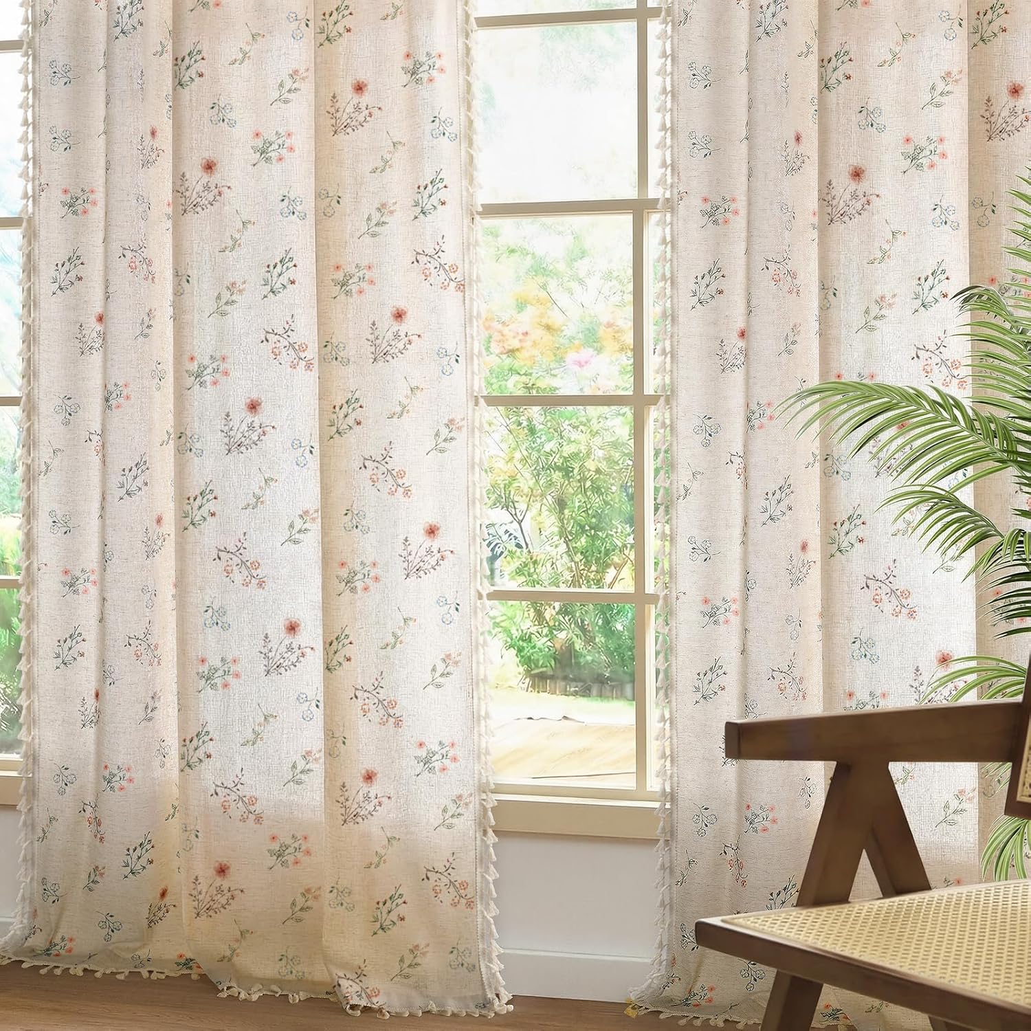 Boho Floral Spring Semi Sheer Curtains 84 Inch Length 2 Panels Set, Linen Texture Farmhouse Light Filtering Curtains Beige Tassel for Bedroom Living Room Vintage Rustic Patterned Printed Rod Pocket