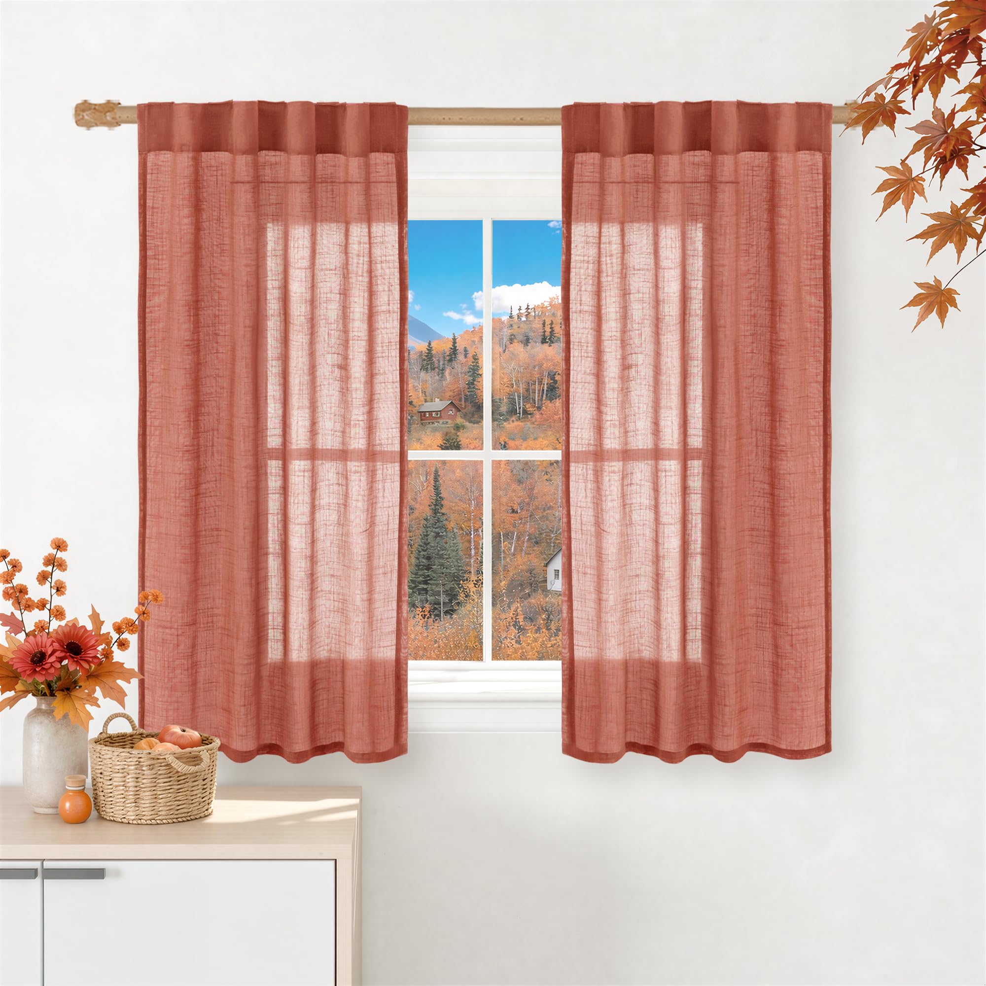 LAMIT Natural Linen Sheer Curtains 90 Inches Long 2 Panels, Long Light Filtering Window Treatments Back Tab and Rod Pocket Farmhouse Boho Panels for Living Room/Bedroom/Dining Room, 52 x 90 Inch
