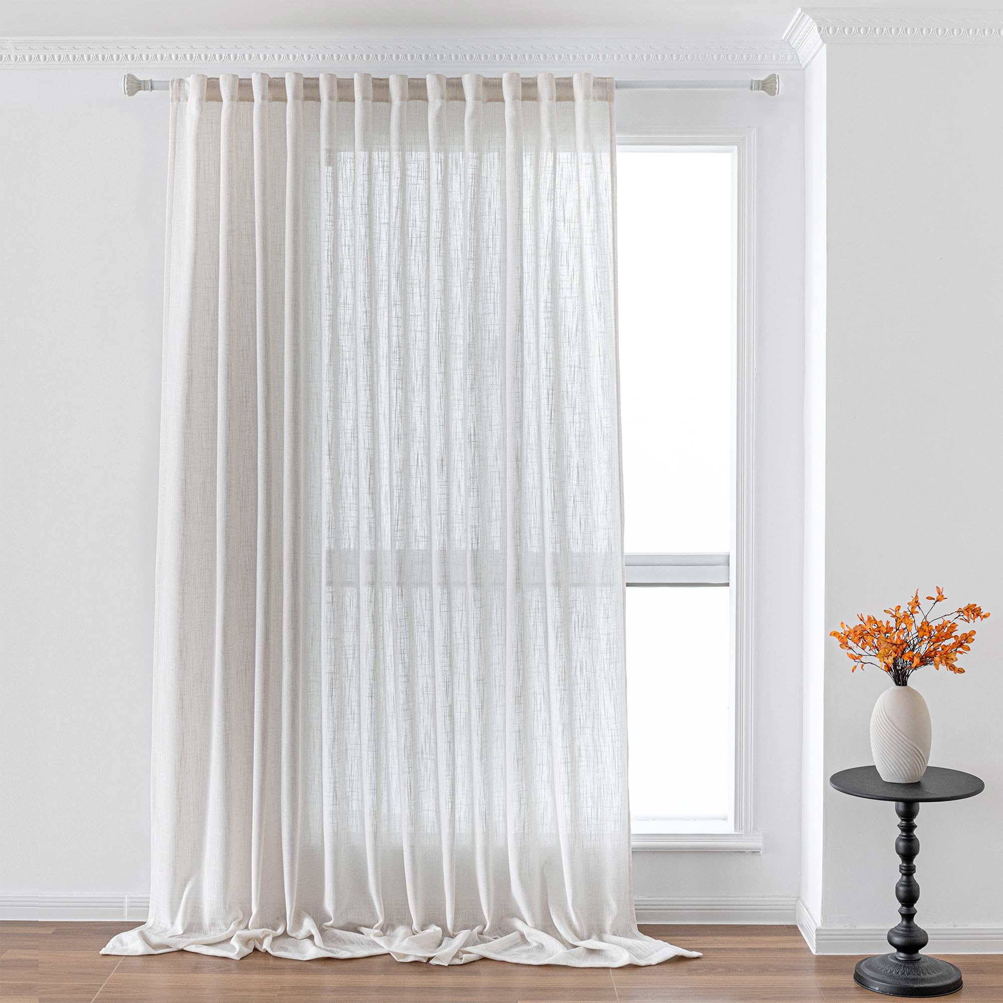 MYSKY HOME Country Curtains for Sliding Glass Door, Back Tab Semi Sheer Curtain Panels Extra Long Floor Length Drapes Linen Texture Soft Touch, 50x108 Inch, Linen, Set of 2