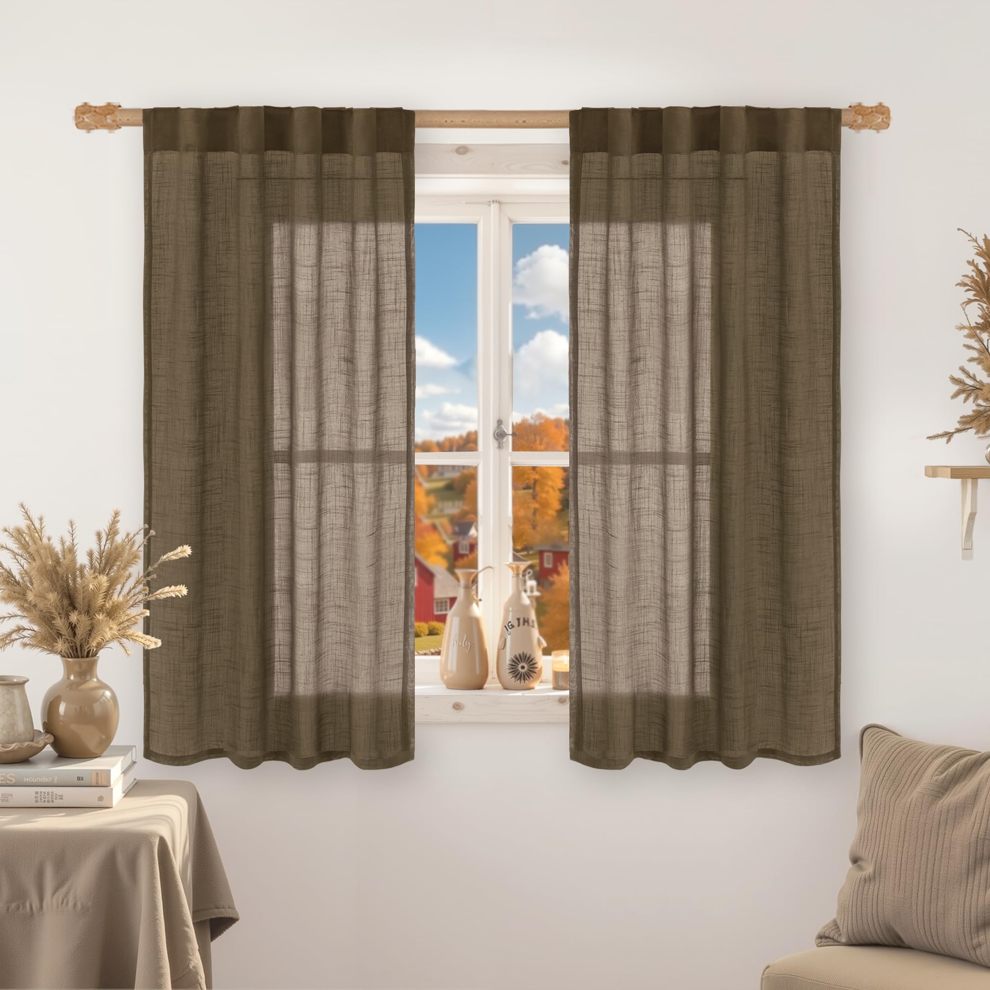 LAMIT Natural Linen Sheer Curtains 90 Inches Long 2 Panels, Long Light Filtering Window Treatments Back Tab and Rod Pocket Farmhouse Boho Panels for Living Room/Bedroom/Dining Room, 52 x 90 Inch