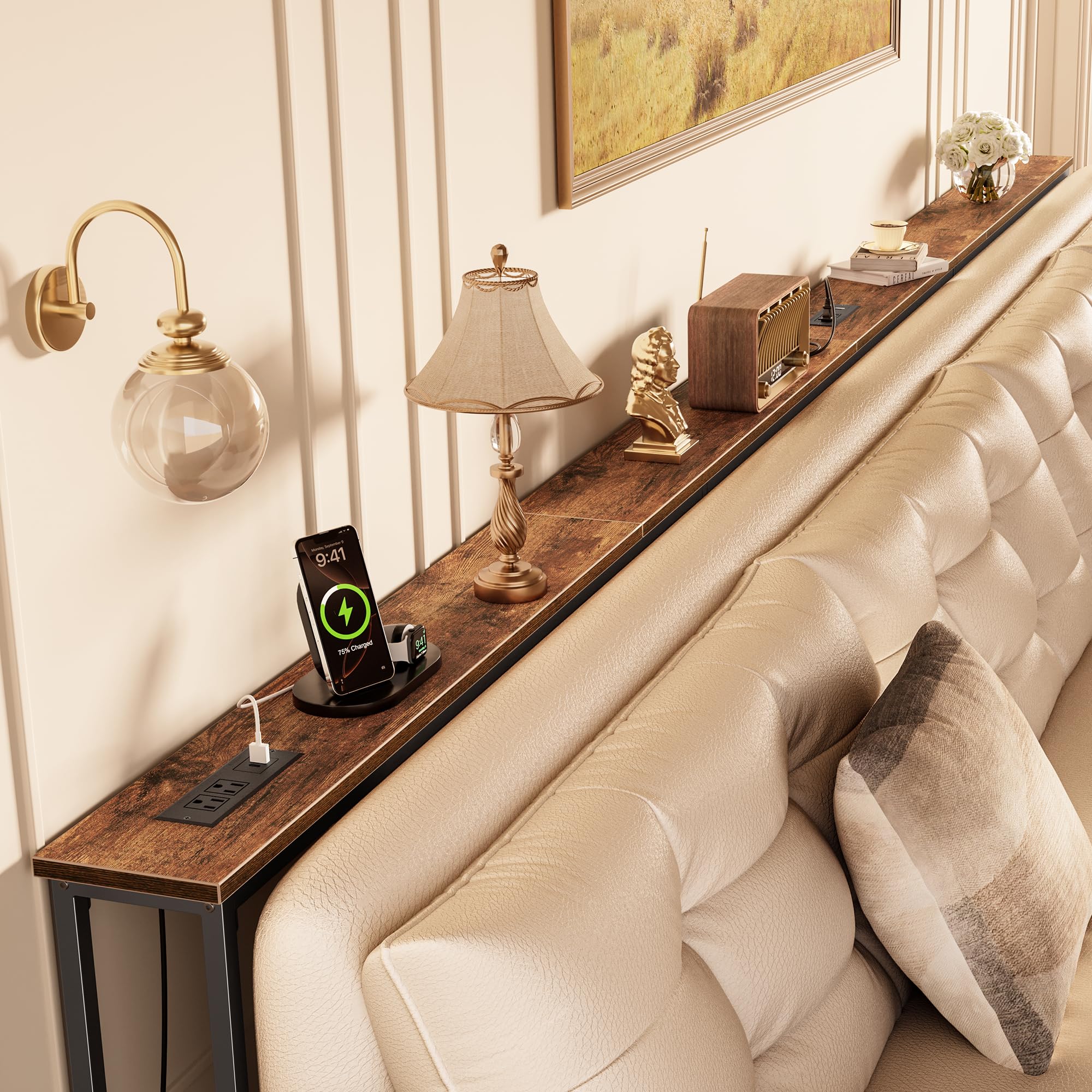 Huuger 141.7 Inch Sofa Table with Power Outlets and USB-C Ports, 5.9 Inch Narrow Entryway Table, Behind Couch Table with Storage, Extra-Long Console Table, Living Room, Rusitc Brown