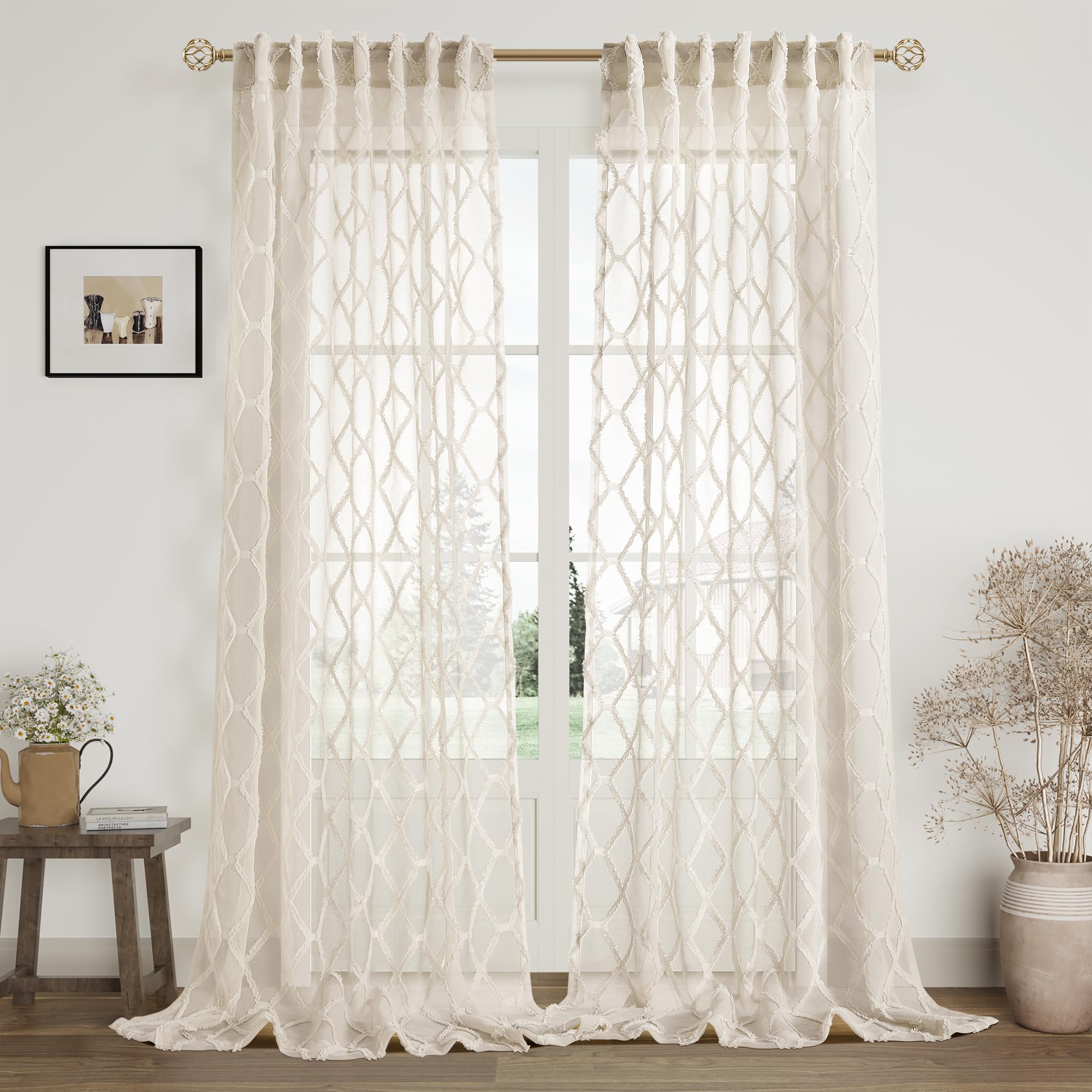 108" Beige Linen Sheer Curtains, 2 Panels, Tuft Pattern for Living Room & Bedroom