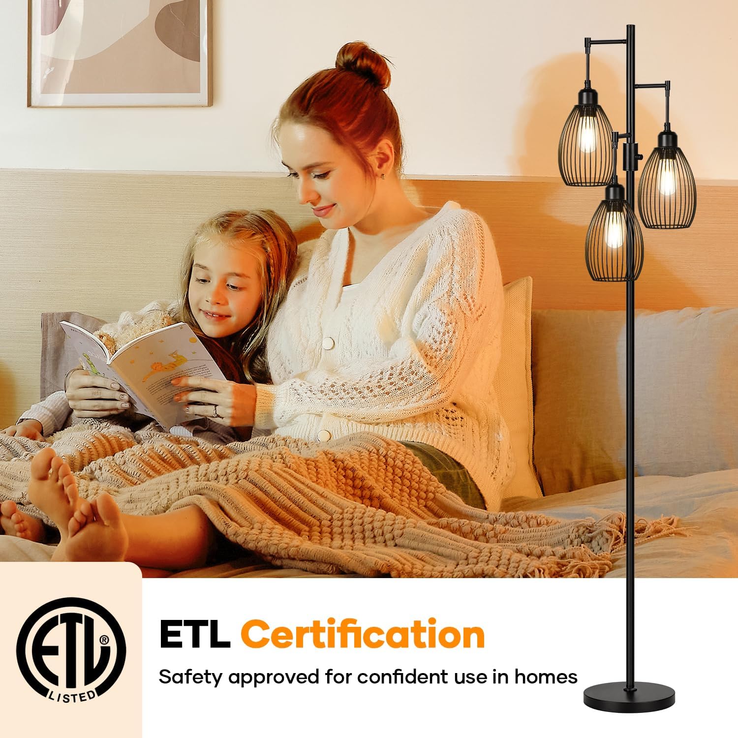 Dimmable Black Tree Floor Lamp with 3 LED Bulbs for Indoor Use