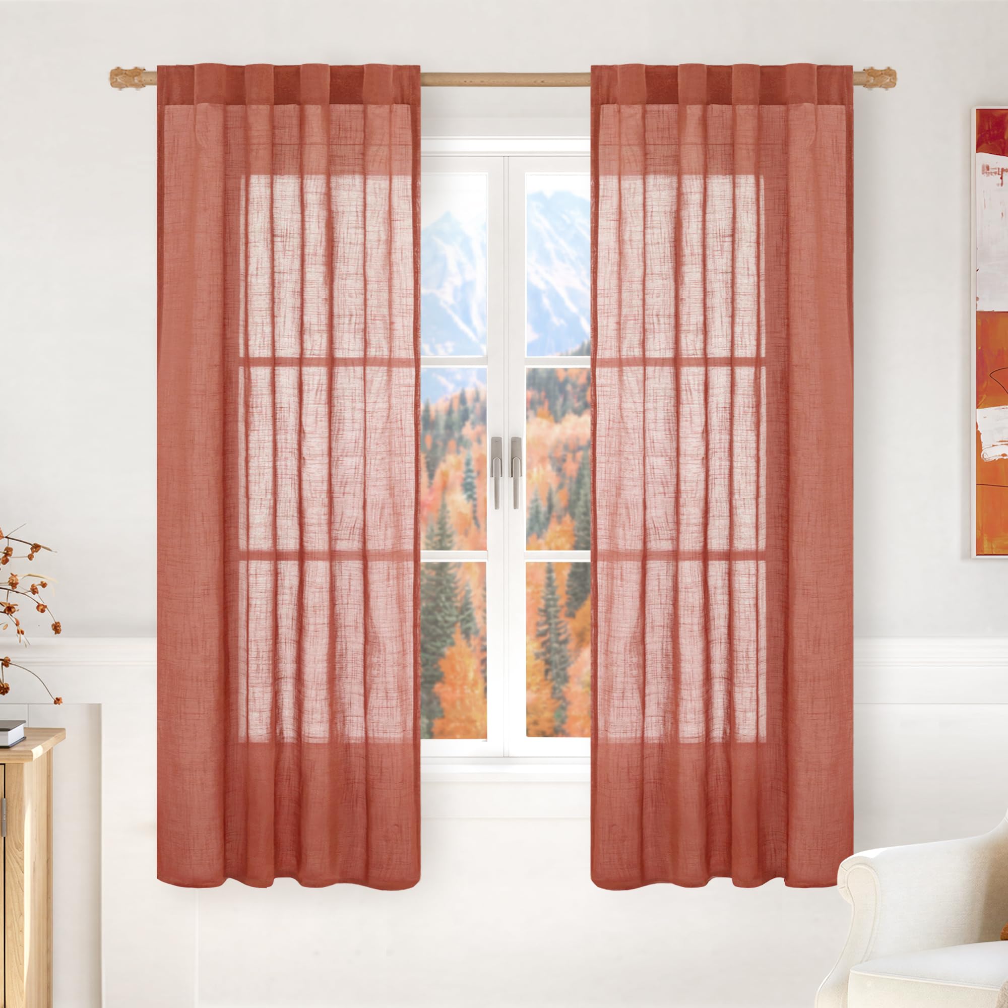 LAMIT Natural Linen Sheer Curtains 90 Inches Long 2 Panels, Long Light Filtering Window Treatments Back Tab and Rod Pocket Farmhouse Boho Panels for Living Room/Bedroom/Dining Room, 52 x 90 Inch