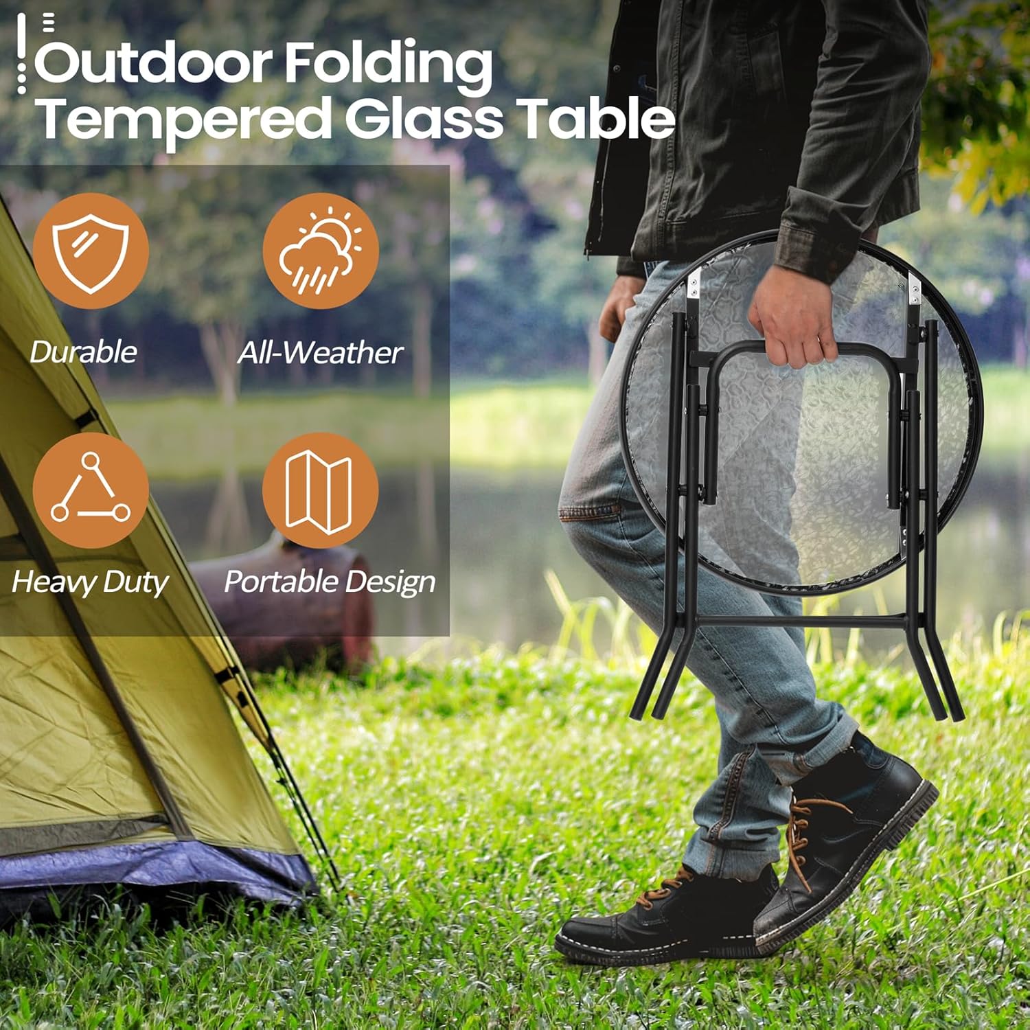 18" Black Tempered Glass Folding Side Table for Outdoor Spaces