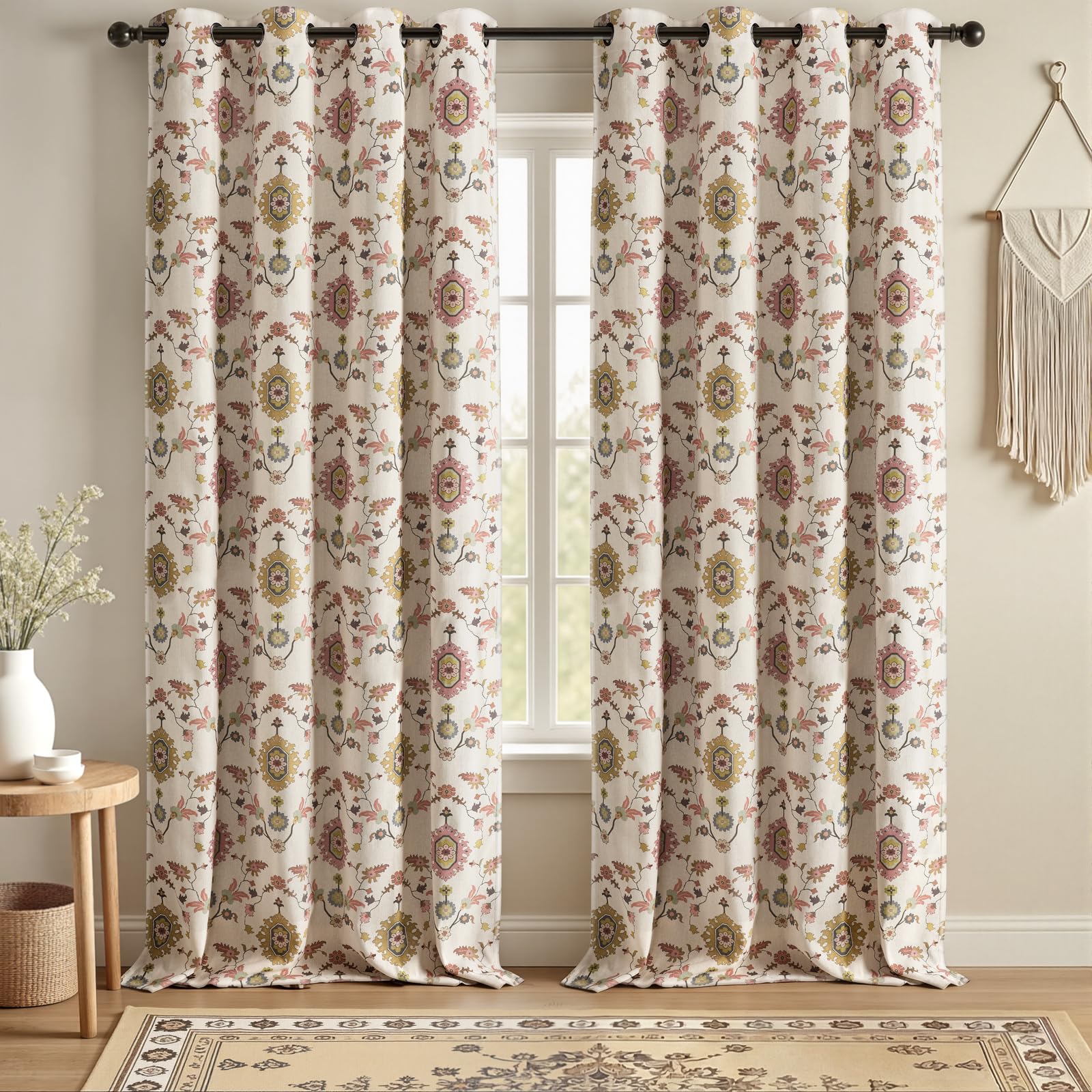 Boho Floral Spring Semi Sheer Curtains 84 Inch Length 2 Panels Set, Linen Texture Farmhouse Light Filtering Curtains Beige Tassel for Bedroom Living Room Vintage Rustic Patterned Printed Rod Pocket