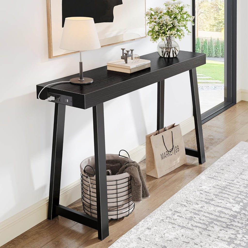 47.2" Black Modern Console Table with Charging Station & Metal Legs