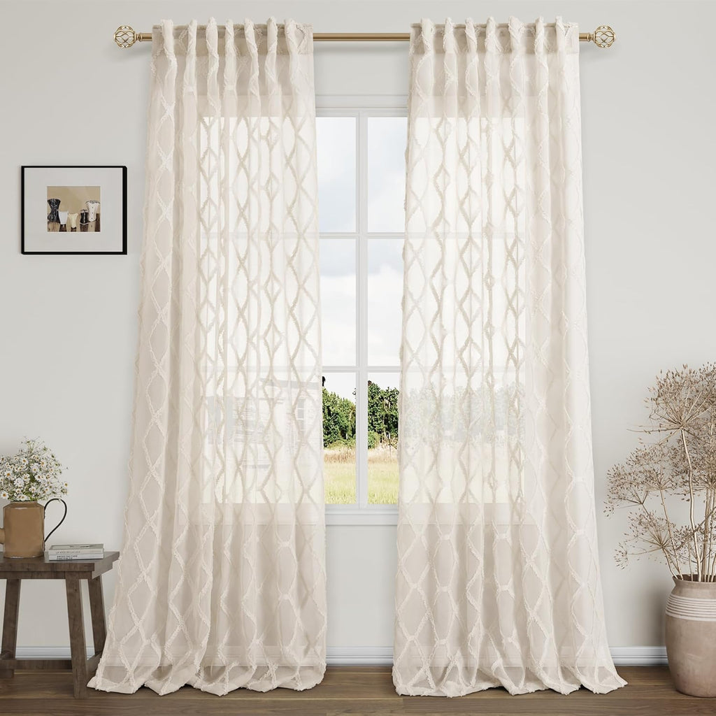 108" Beige Linen Sheer Curtains, 2 Panels, Tuft Pattern for Living Room & Bedroom