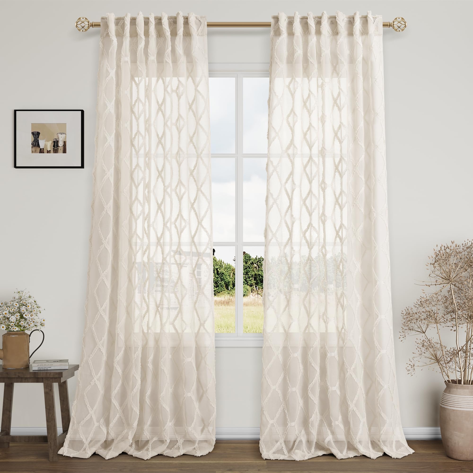 108" Beige Linen Sheer Curtains, 2 Panels, Tuft Pattern for Living Room & Bedroom