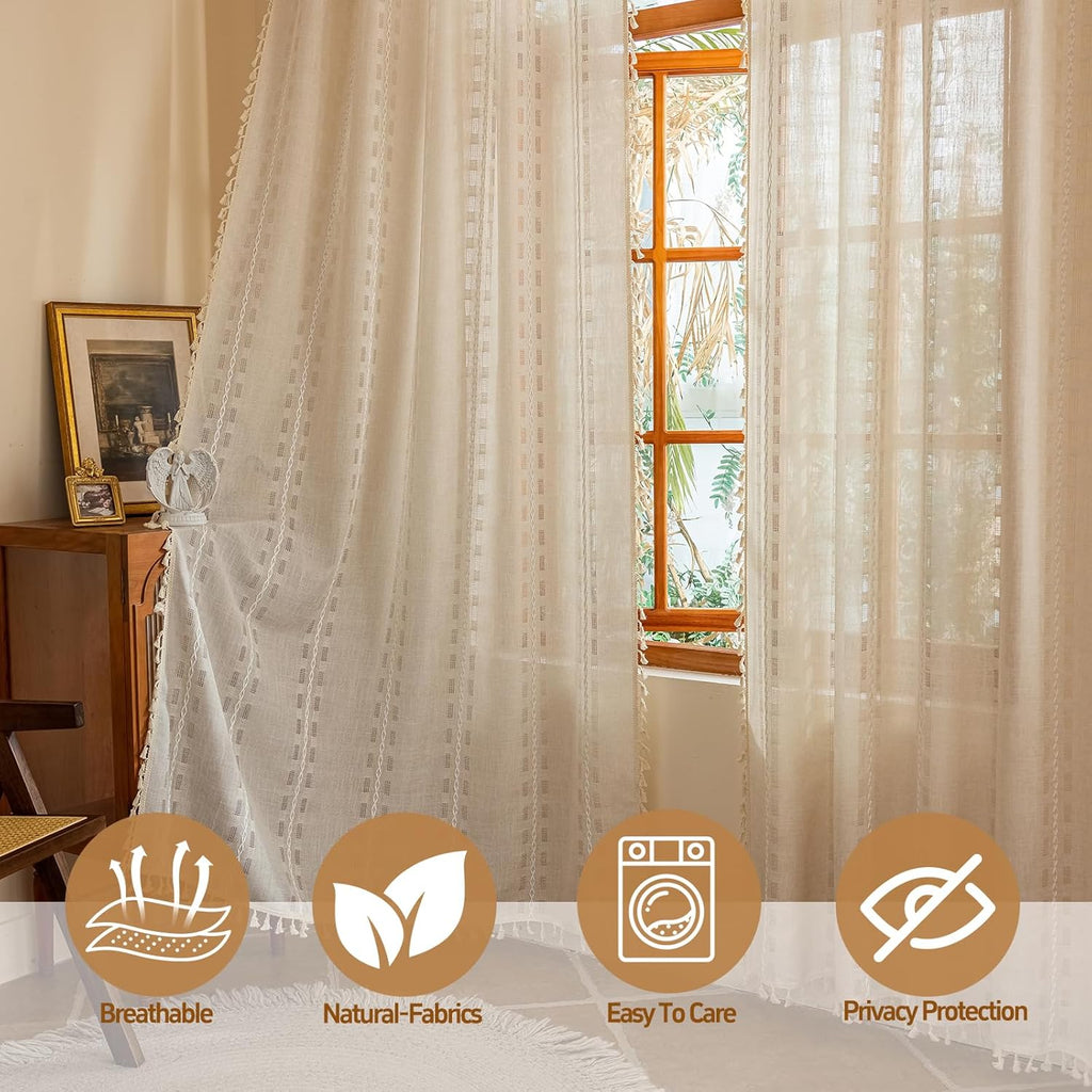 Natural Boho Semi Sheer Curtains 63 inch Length 2 Panel Set for Bedroom & Farmhouse, Bohemian Beige Light Filtering Privacy Drapes Tassels Shabby Chic Embroidery Window Curtains Back Tab & Rod pocket