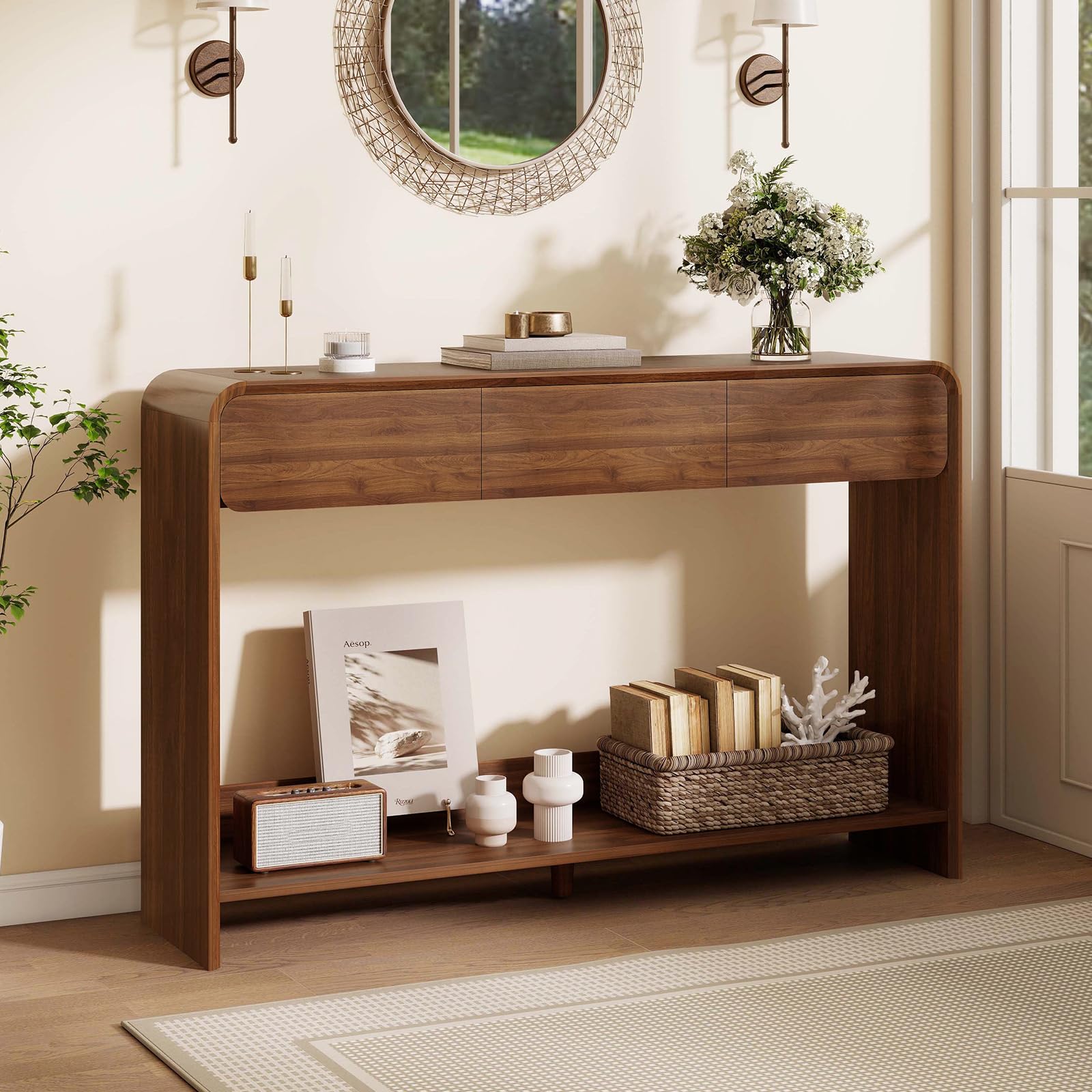 Nasonet Fluted Console Table, Wooden Sofa Table with Storage and Drawers, Farmhouse Behind Couch Table Entryway Table for Entrance, Hallway, Living Room, Black