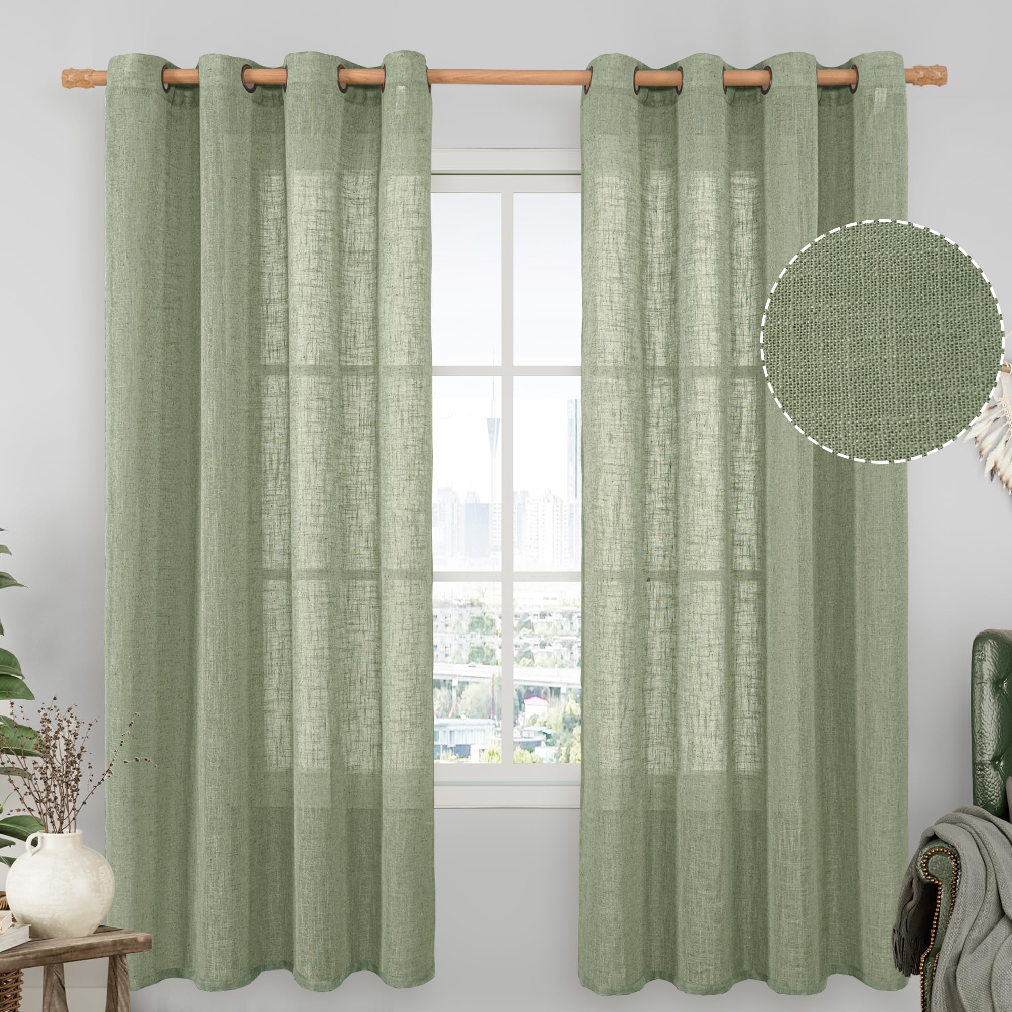 LAMIT Natural Cream Ivory Long Linen Curtains for Living Room, 108 inches Long Bronze Grommet Light Filtering Window Textured Neutral Sheer Drapes for Bedroom Farmhouse, 2 Panels, 52 x 108 Inch