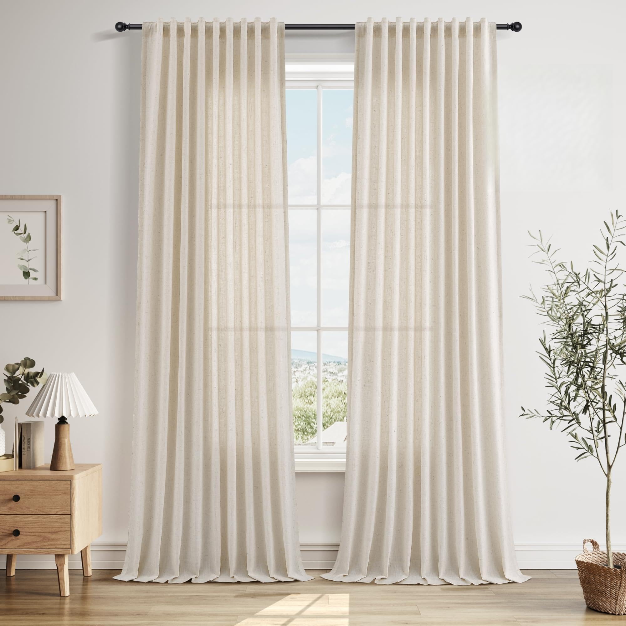 Nanspring Linen Curtains 80 Inches Long for Living Room Semi Sheer Light Filtering Curtain Back Tab Neutral Boho Modern Farmhouse Window Drapes for Bedroom 52x80 2 Panels Cream Ivory Beige Natural