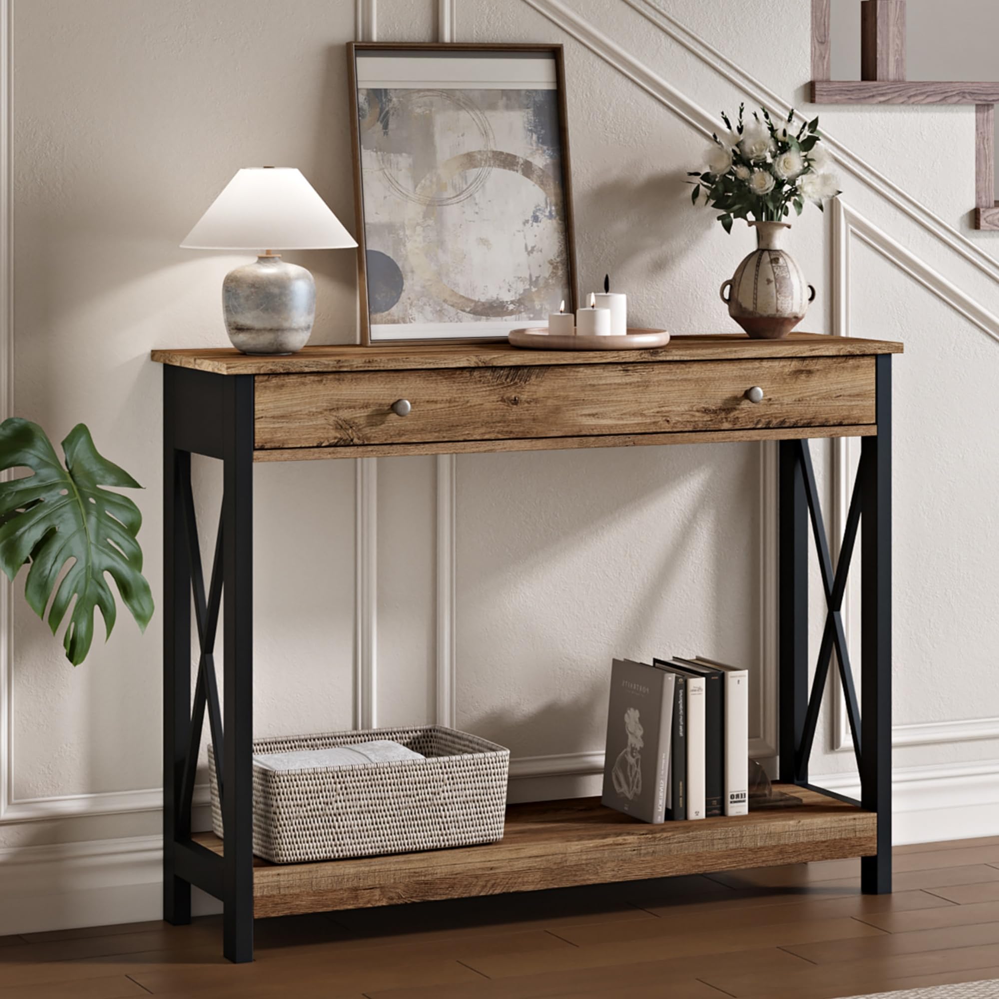 Treocho Black Console Table with Drawer and Storage Shelves, Foyer Sofa Table Narrow for Entryway, Living Room, Hallway