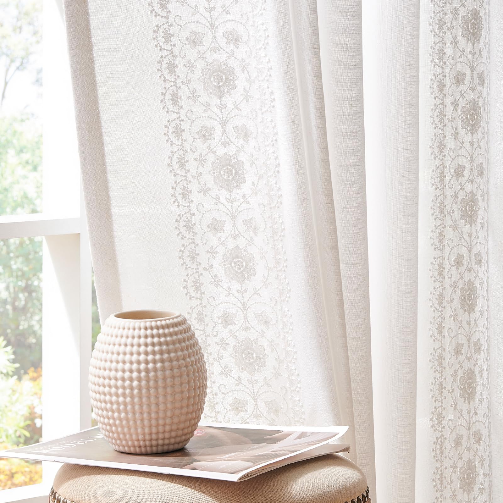 jinchan Weslie Beige Floral Sheer Curtains for Living Room 84 Inch Long Embroidered Voile Farmhouse Linen Curtains for Bedroom Ivory Flower Patterned Cottage Core Window Drapes 2 Panels Ivory on Beige