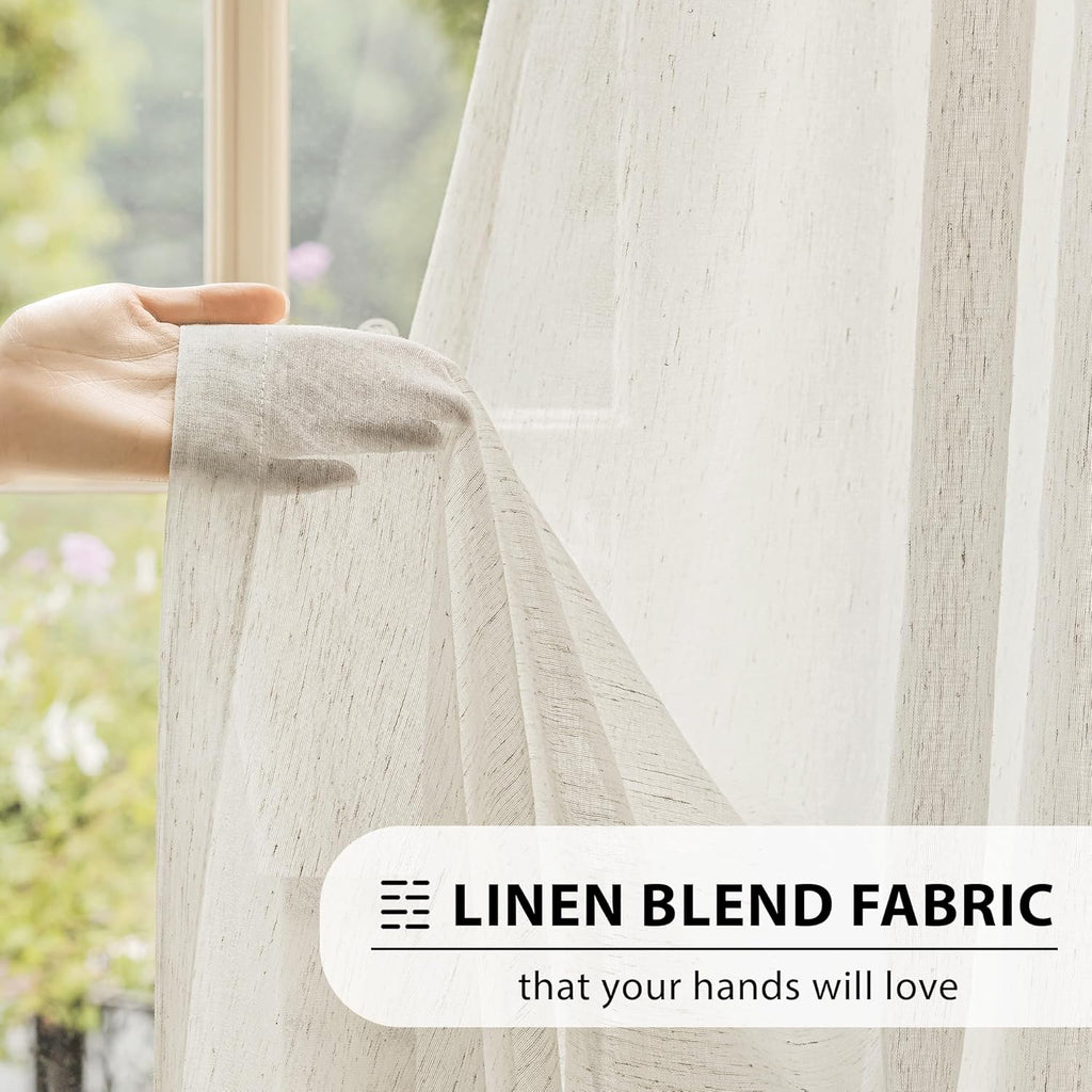 FMFUNCTEX Linen Sheer Curtains for Living Room, Beige Curtains 96 inches Long for Bedroom, Natural Flax Blend Window Draperies for Farmhouse Curtain, Rod Pocket 2 Panels