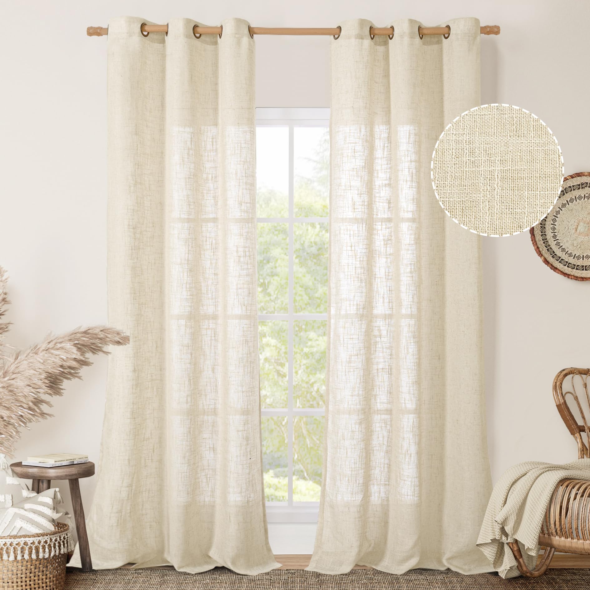 LAMIT Natural Cream Ivory Long Linen Curtains for Living Room, 108 inches Long Bronze Grommet Light Filtering Window Textured Neutral Sheer Drapes for Bedroom Farmhouse, 2 Panels, 52 x 108 Inch