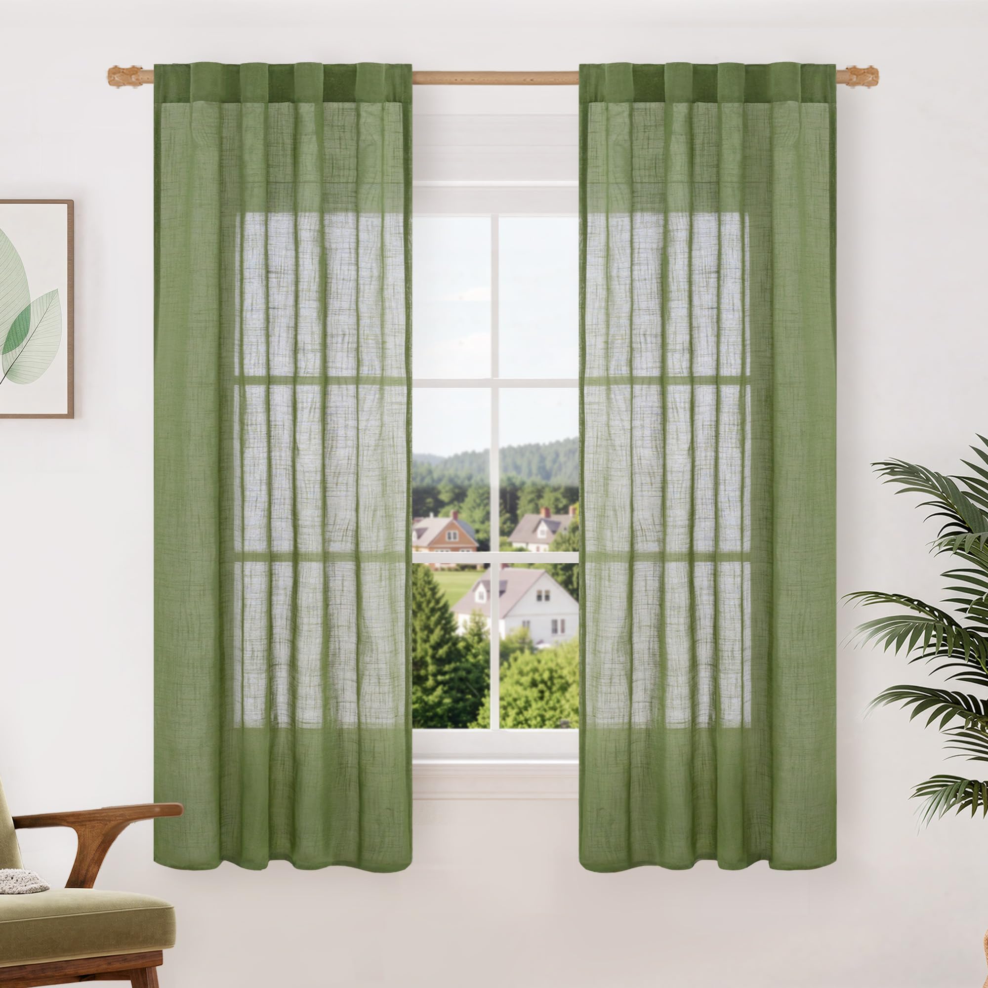 LAMIT Natural Linen Sheer Curtains 90 Inches Long 2 Panels, Long Light Filtering Window Treatments Back Tab and Rod Pocket Farmhouse Boho Panels for Living Room/Bedroom/Dining Room, 52 x 90 Inch