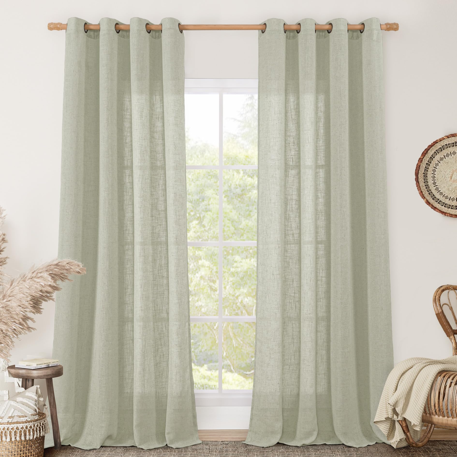 LAMIT Natural Cream Ivory Long Linen Curtains for Living Room, 108 inches Long Bronze Grommet Light Filtering Window Textured Neutral Sheer Drapes for Bedroom Farmhouse, 2 Panels, 52 x 108 Inch