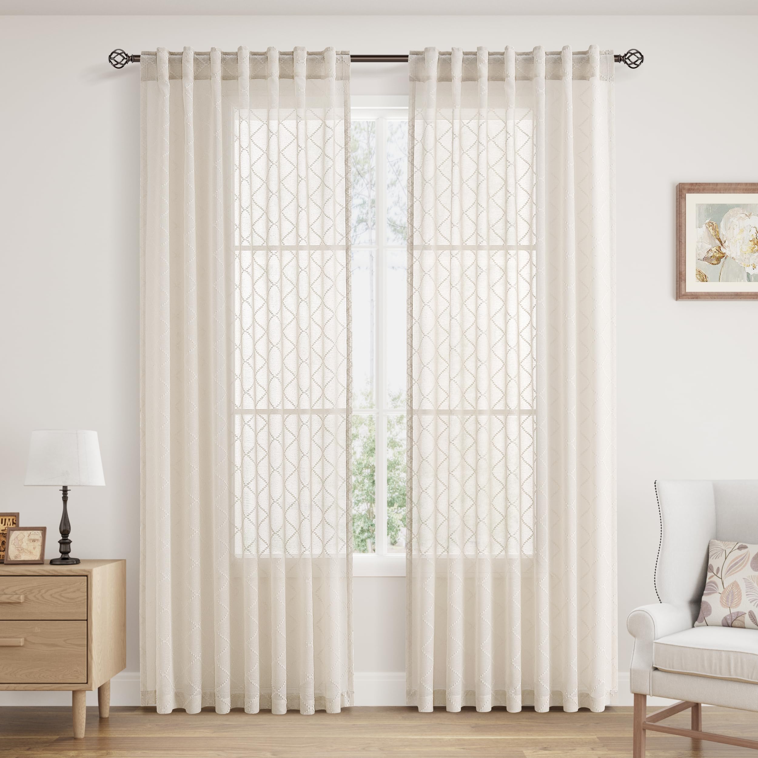 108" Beige Linen Sheer Curtains, 2 Panels, Tuft Pattern for Living Room & Bedroom