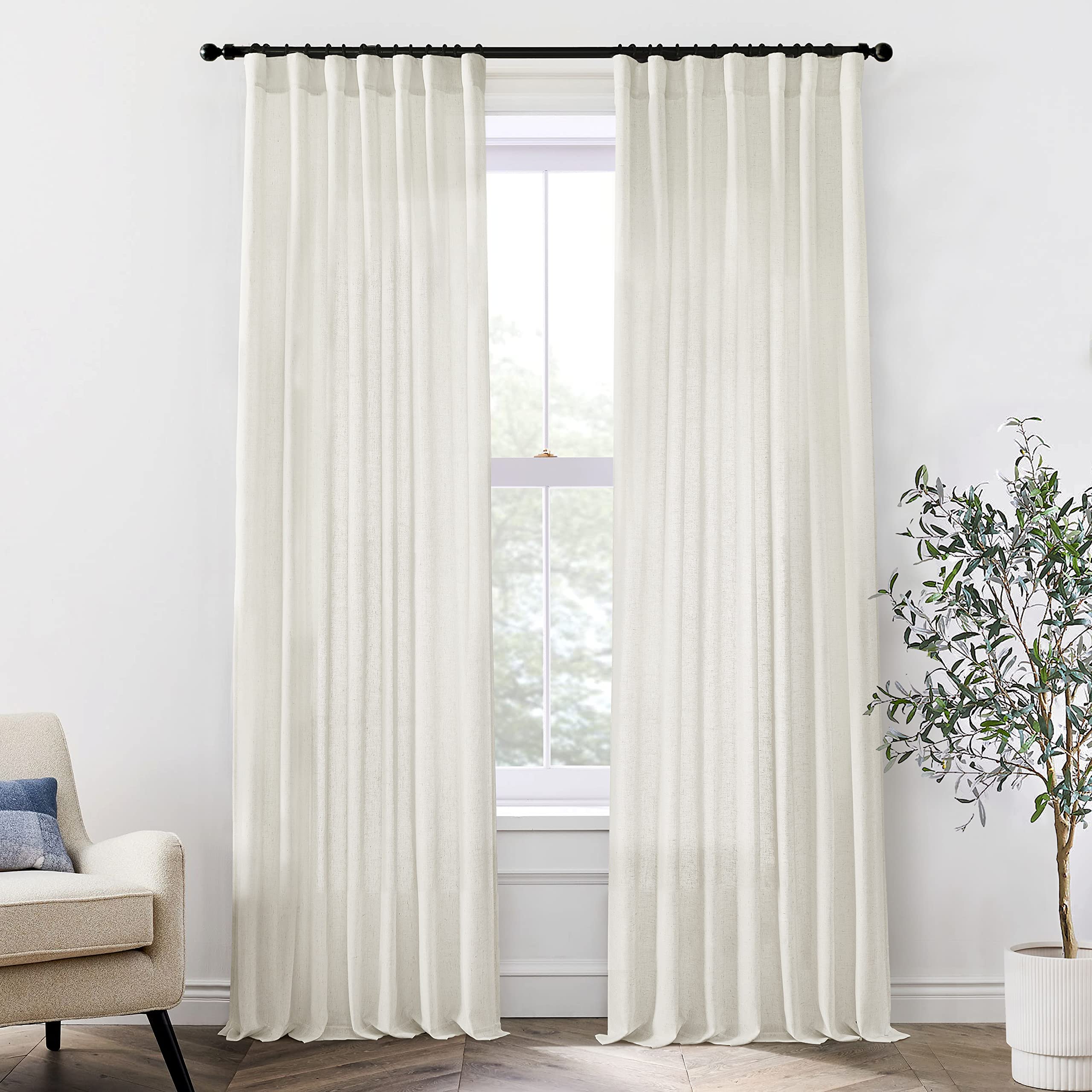 XTMYI 90 Inches Long Sheer Linen Curtains 2 Panels Set,Hook Tape Back Tab Semi Sheer Cotton Blend Fabric Modern Cottage Core Cottagecore Curtain Drapes for Living Room Bedroom,50x90 in Length
