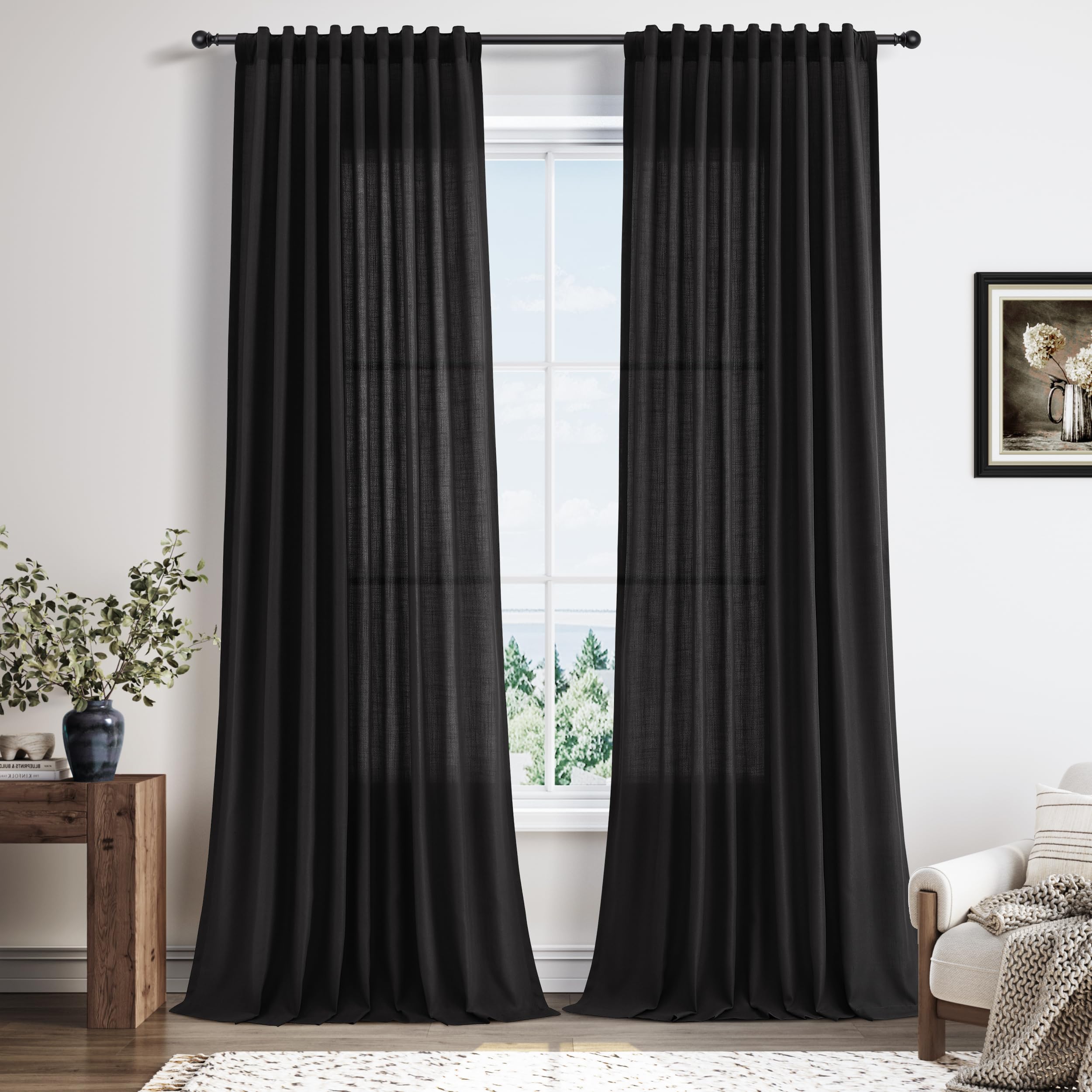 Nanspring Linen Curtains 80 Inches Long for Living Room Semi Sheer Light Filtering Curtain Back Tab Neutral Boho Modern Farmhouse Window Drapes for Bedroom 52x80 2 Panels Cream Ivory Beige Natural
