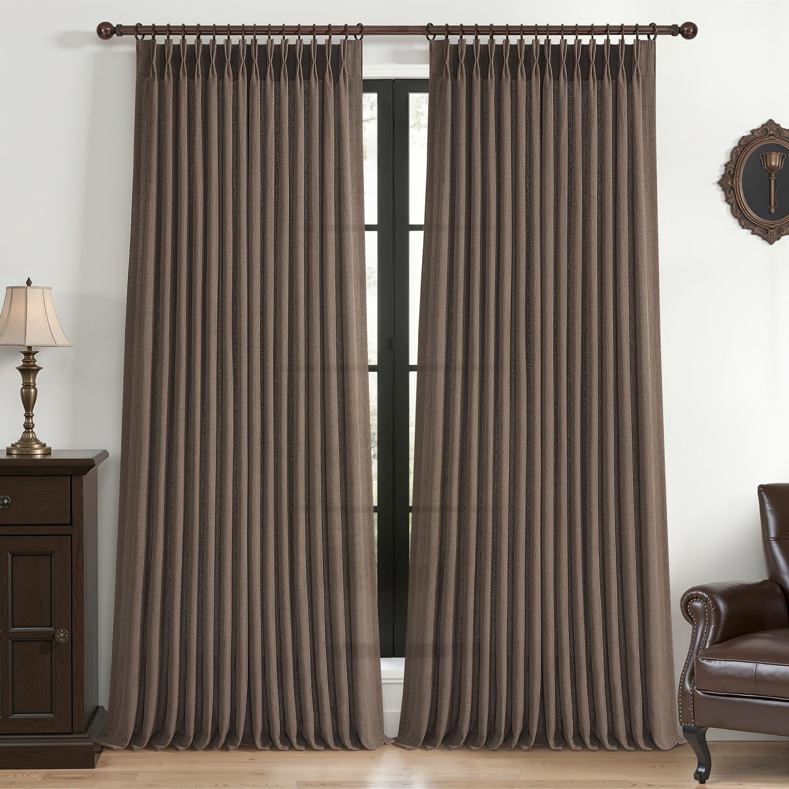 Pinch Pleated Linen Curtains 96 Inches Long for Living Room Bedroom, Light Filtering Boho Window Drape 96 inch 2 Panels Burgs with Hooks&Rings 8ft Cream Birch Sliding Glass Door Sheer Curtain Decor