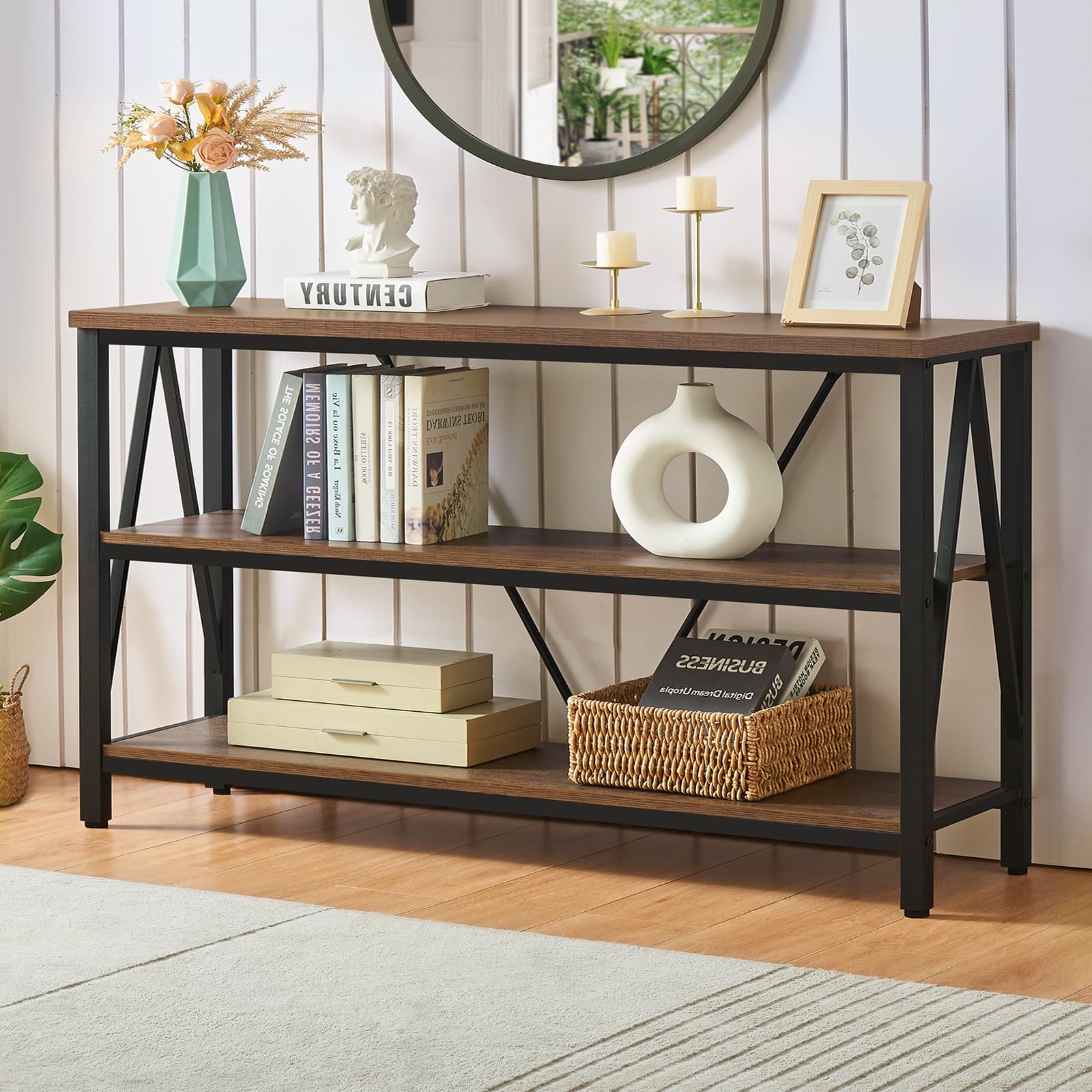 HOMISSUE Entryway Console Table, Rustic Console Table with Wide Storage, Industrial Foyer for Entryway with 3-Tier Open Shelves, Entry Tables for Living Room, Hallway, Brown, 47 Inch