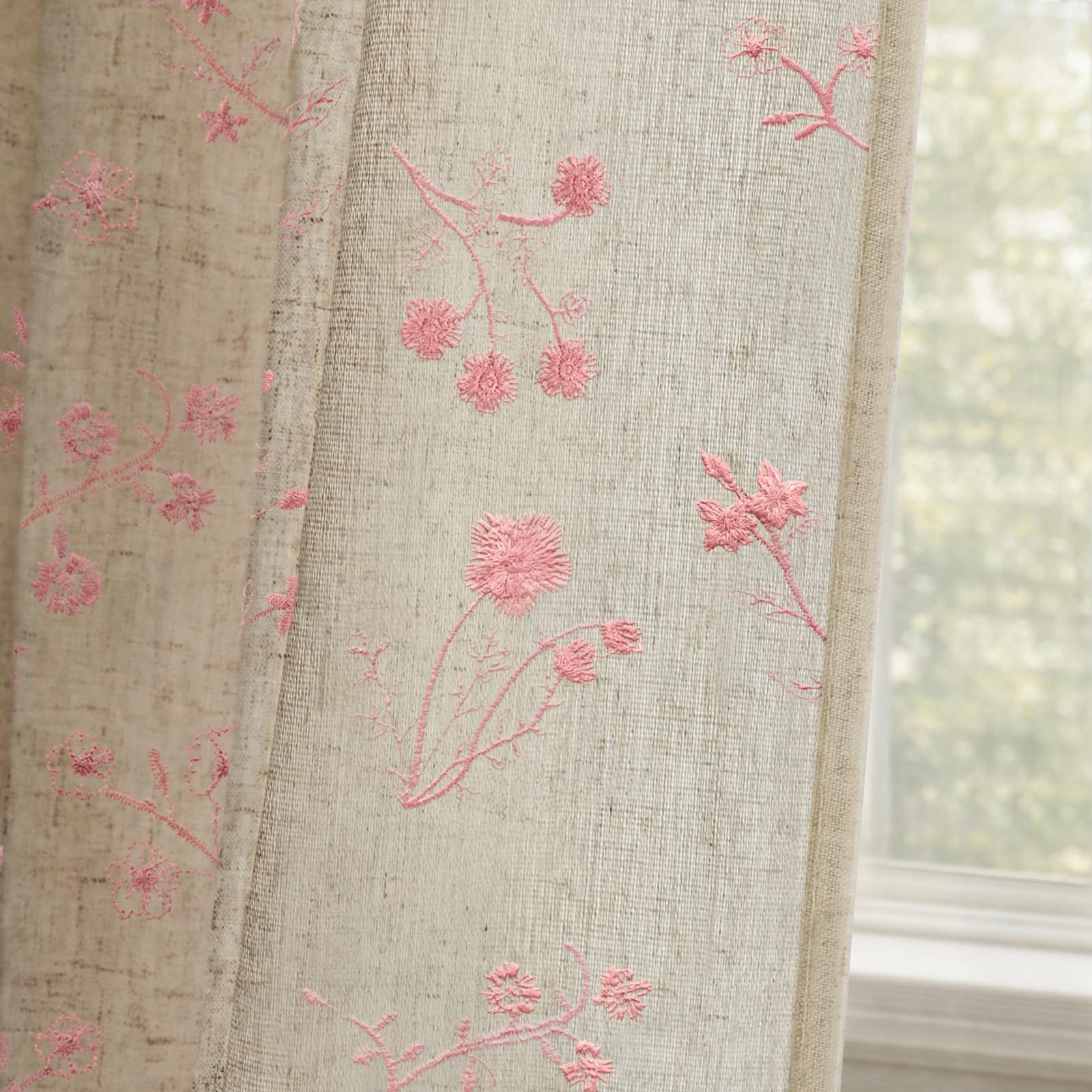 Boho Floral Spring Semi Sheer Curtains 84 Inch Length 2 Panels Set, Linen Texture Farmhouse Light Filtering Curtains Beige Tassel for Bedroom Living Room Vintage Rustic Patterned Printed Rod Pocket