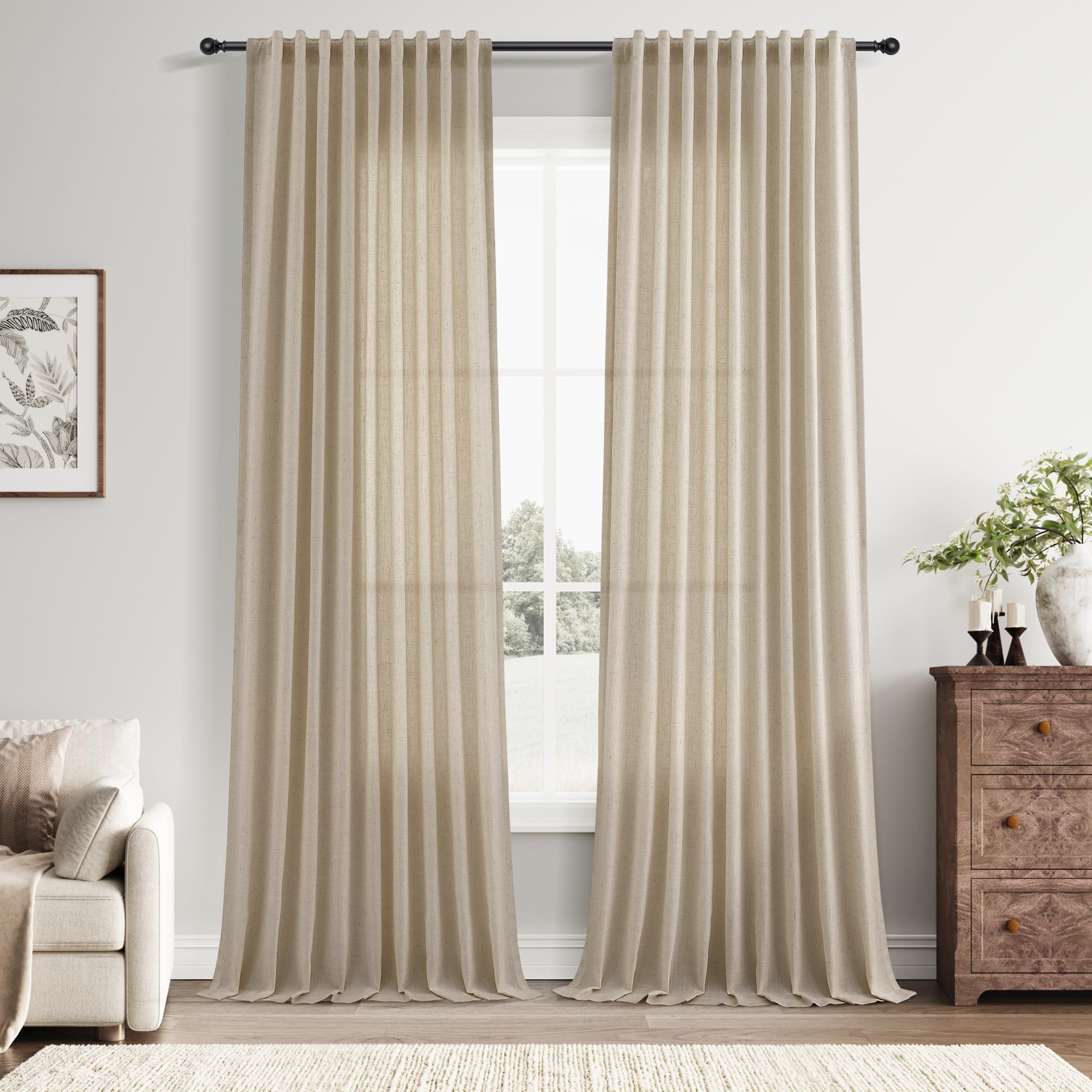 Nanspring Linen Curtains 80 Inches Long for Living Room Semi Sheer Light Filtering Curtain Back Tab Neutral Boho Modern Farmhouse Window Drapes for Bedroom 52x80 2 Panels Cream Ivory Beige Natural