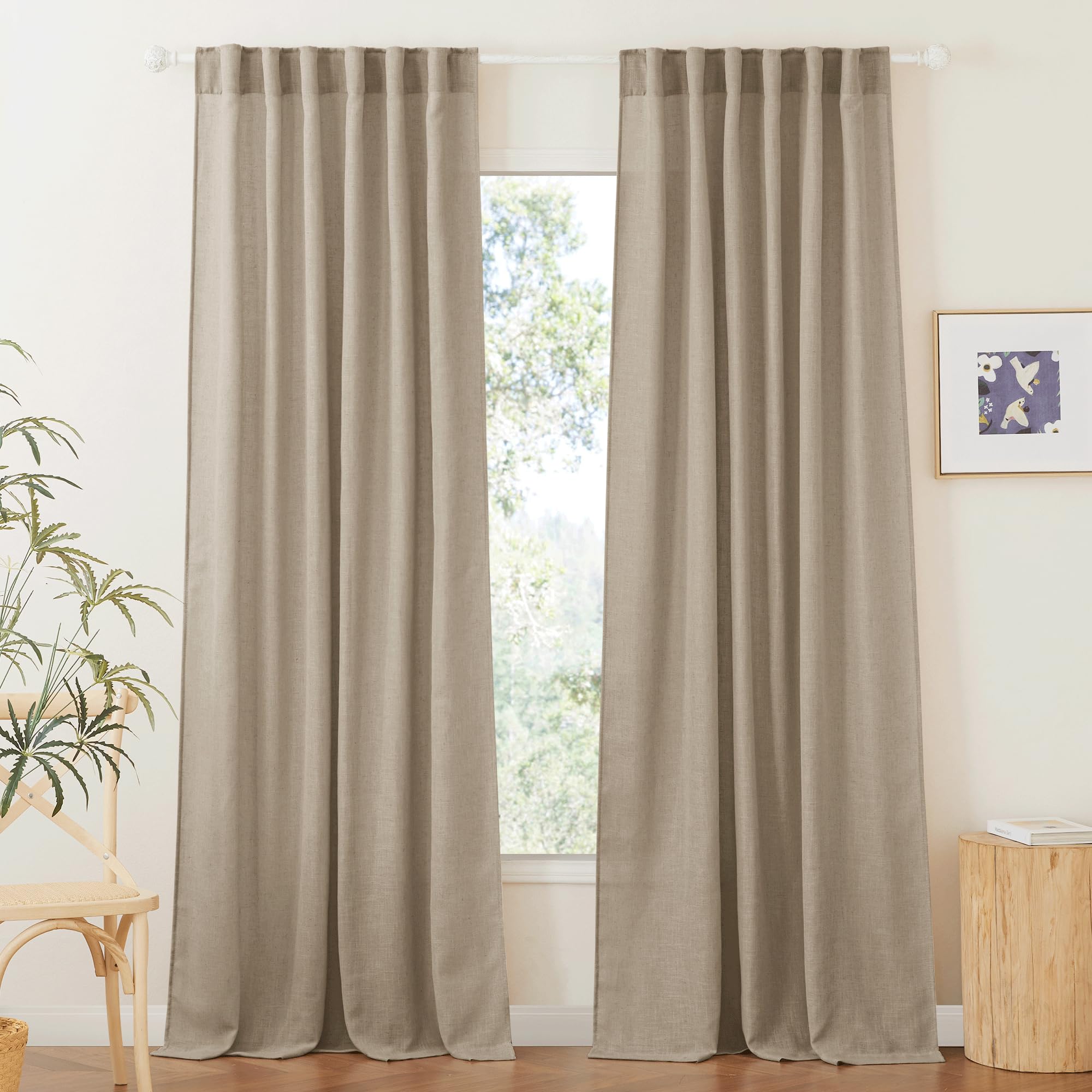 RYB HOME Semi Sheer Curtains 102 inches Long, Back Tab Light Filtration Half Privacy Window Curtains & Drapes for Bedroom Living Room, Linen, W 52 x L 102 inches, 2 Panels Set