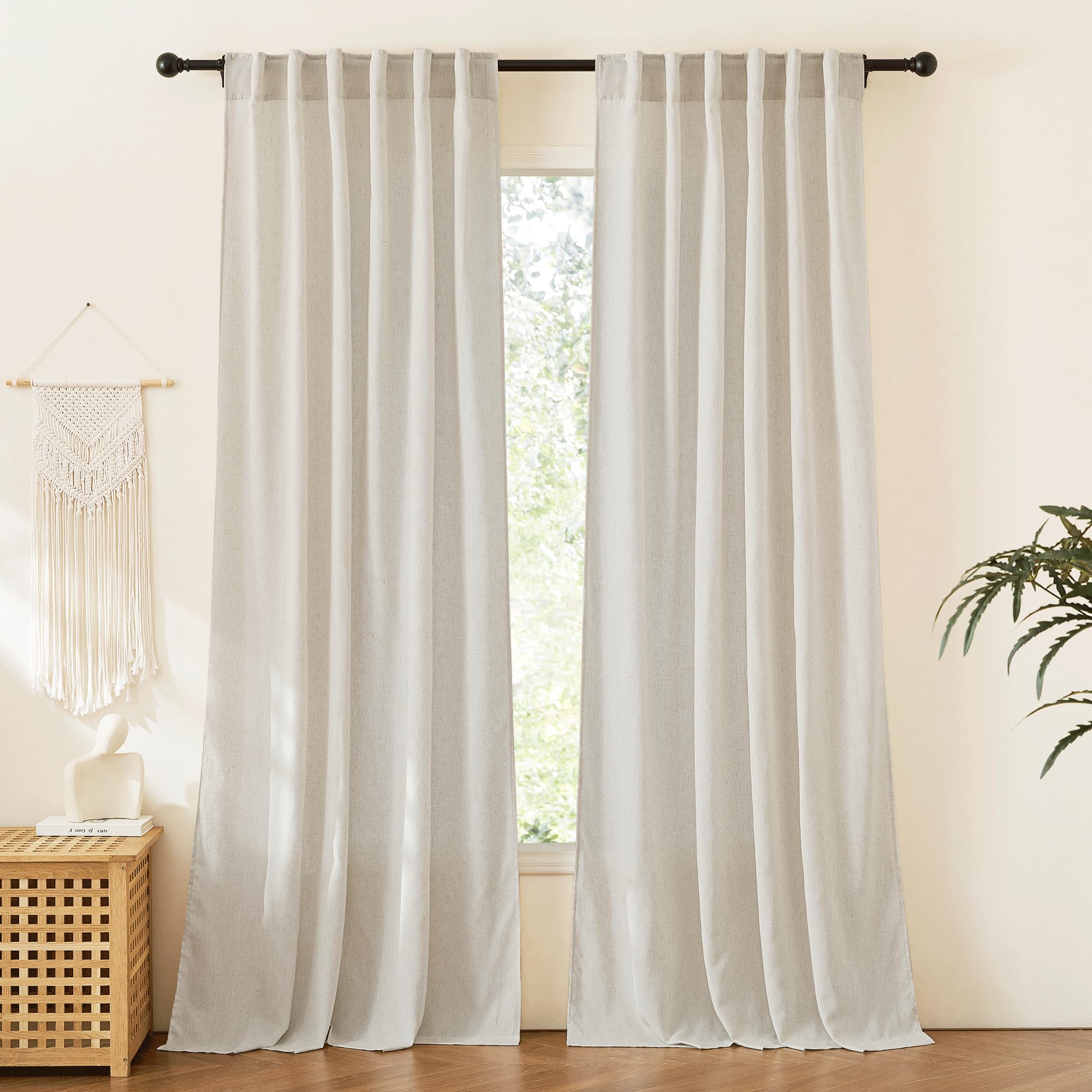 RYB HOME Semi Sheer Curtains 102 inches Long, Back Tab Light Filtration Half Privacy Window Curtains & Drapes for Bedroom Living Room, Linen, W 52 x L 102 inches, 2 Panels Set