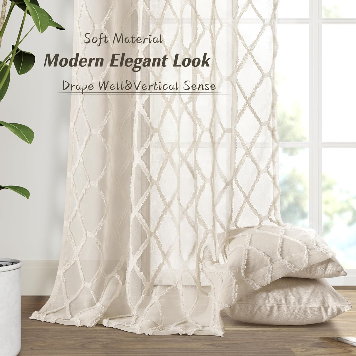 108" Beige Linen Sheer Curtains, 2 Panels, Tuft Pattern for Living Room & Bedroom