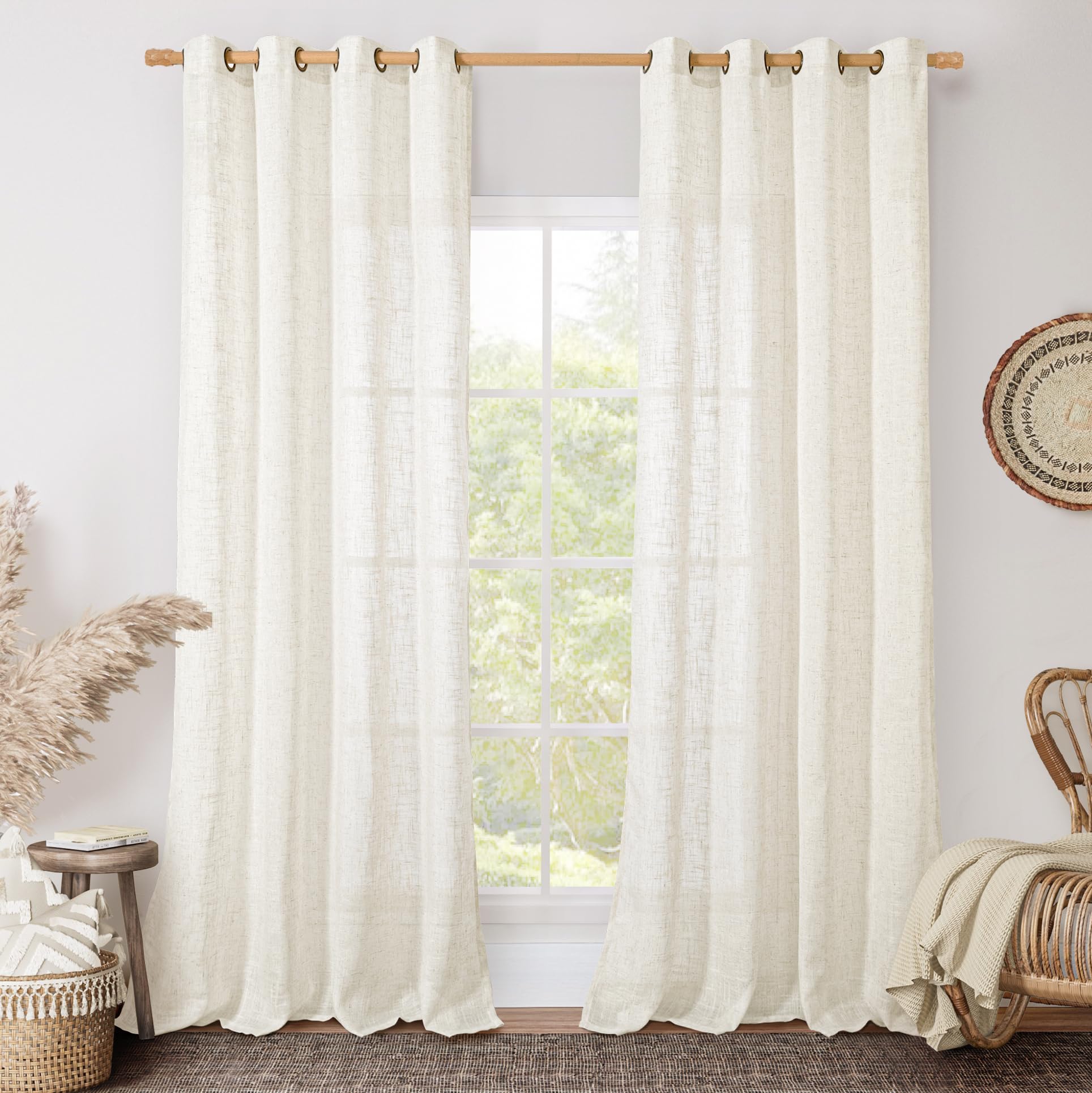 LAMIT Natural Cream Ivory Long Linen Curtains for Living Room, 108 inches Long Bronze Grommet Light Filtering Window Textured Neutral Sheer Drapes for Bedroom Farmhouse, 2 Panels, 52 x 108 Inch