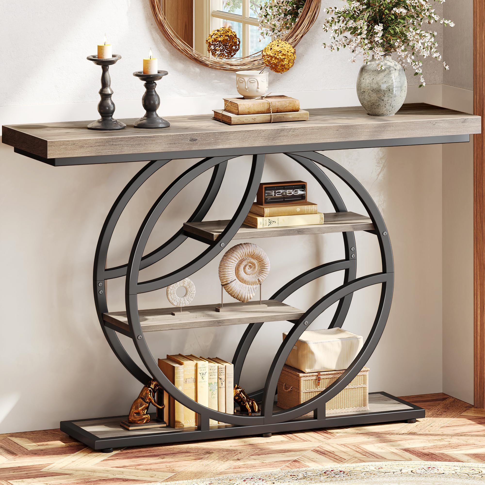 Huuger Modern Console Table, 41.3 Inch Sofa Table with Artistic Curved Metal Frame, Narrow Entryway Table for Hallway, Living Room, Behind Couch, Rustic Brown