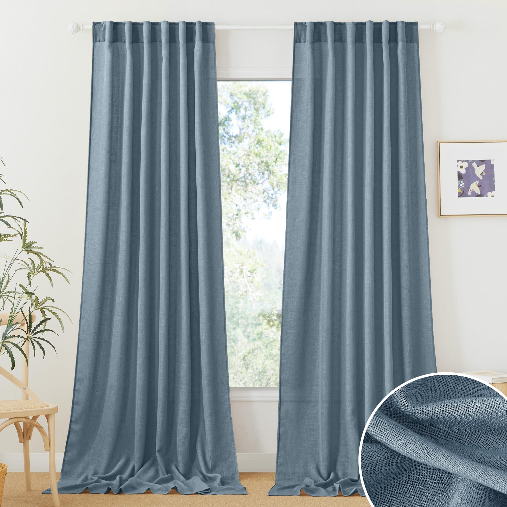 RYB HOME Semi Sheer Curtains 102 inches Long, Back Tab Light Filtration Half Privacy Window Curtains & Drapes for Bedroom Living Room, Linen, W 52 x L 102 inches, 2 Panels Set
