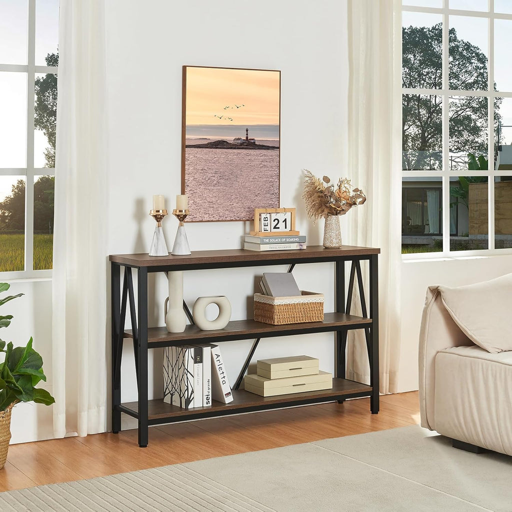 HOMISSUE Entryway Console Table, Rustic Console Table with Wide Storage, Industrial Foyer for Entryway with 3-Tier Open Shelves, Entry Tables for Living Room, Hallway, Brown, 47 Inch