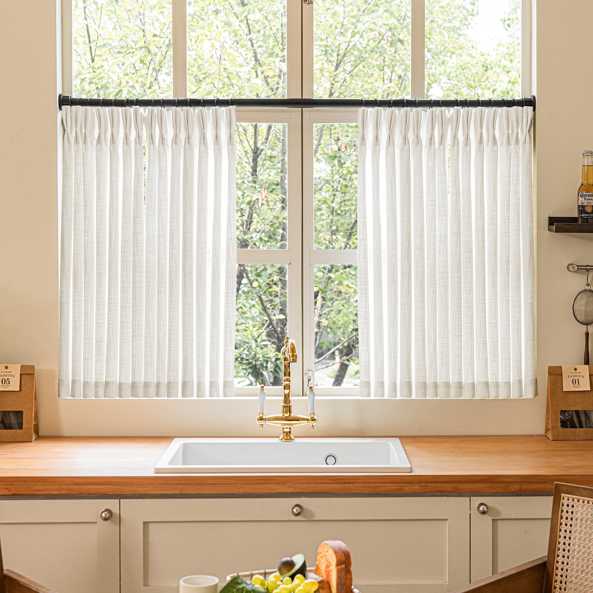 Natural Pinch Pleated Linen Curtains 84 Inch Length 2 Panels for Living Room Bedroom Textured Cream Ivory Birch Semi Sheer Boho Neutral Back Tab Pinch Pleat Hooks Rings Window Curtain 84 Inches Long