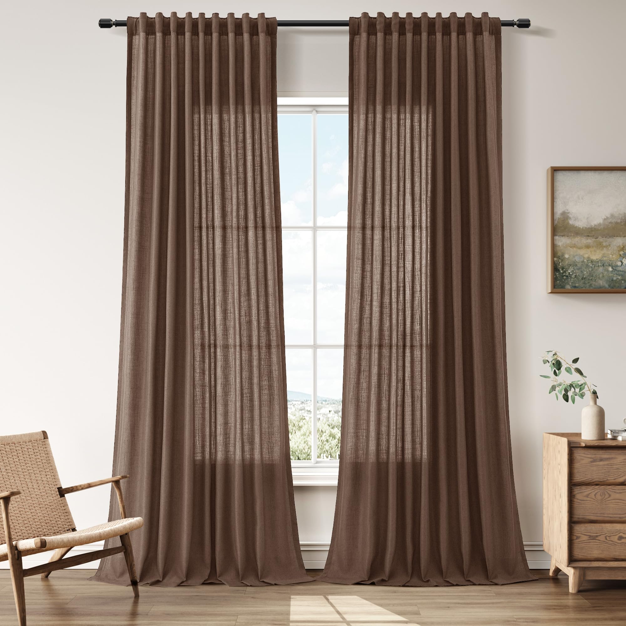 Nanspring Linen Curtains 80 Inches Long for Living Room Semi Sheer Light Filtering Curtain Back Tab Neutral Boho Modern Farmhouse Window Drapes for Bedroom 52x80 2 Panels Cream Ivory Beige Natural