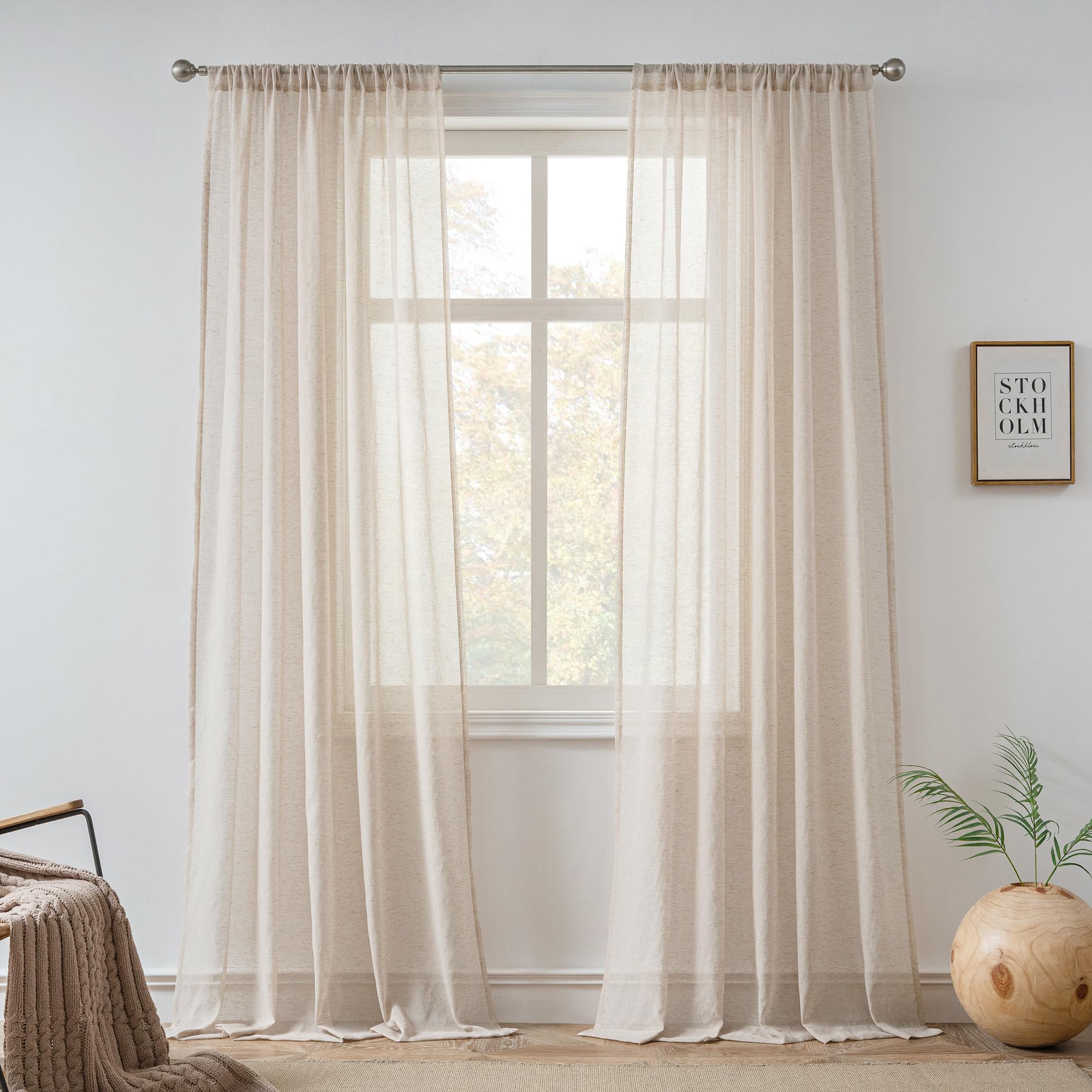 FMFUNCTEX Linen Sheer Curtains for Living Room, Beige Curtains 96 inches Long for Bedroom, Natural Flax Blend Window Draperies for Farmhouse Curtain, Rod Pocket 2 Panels