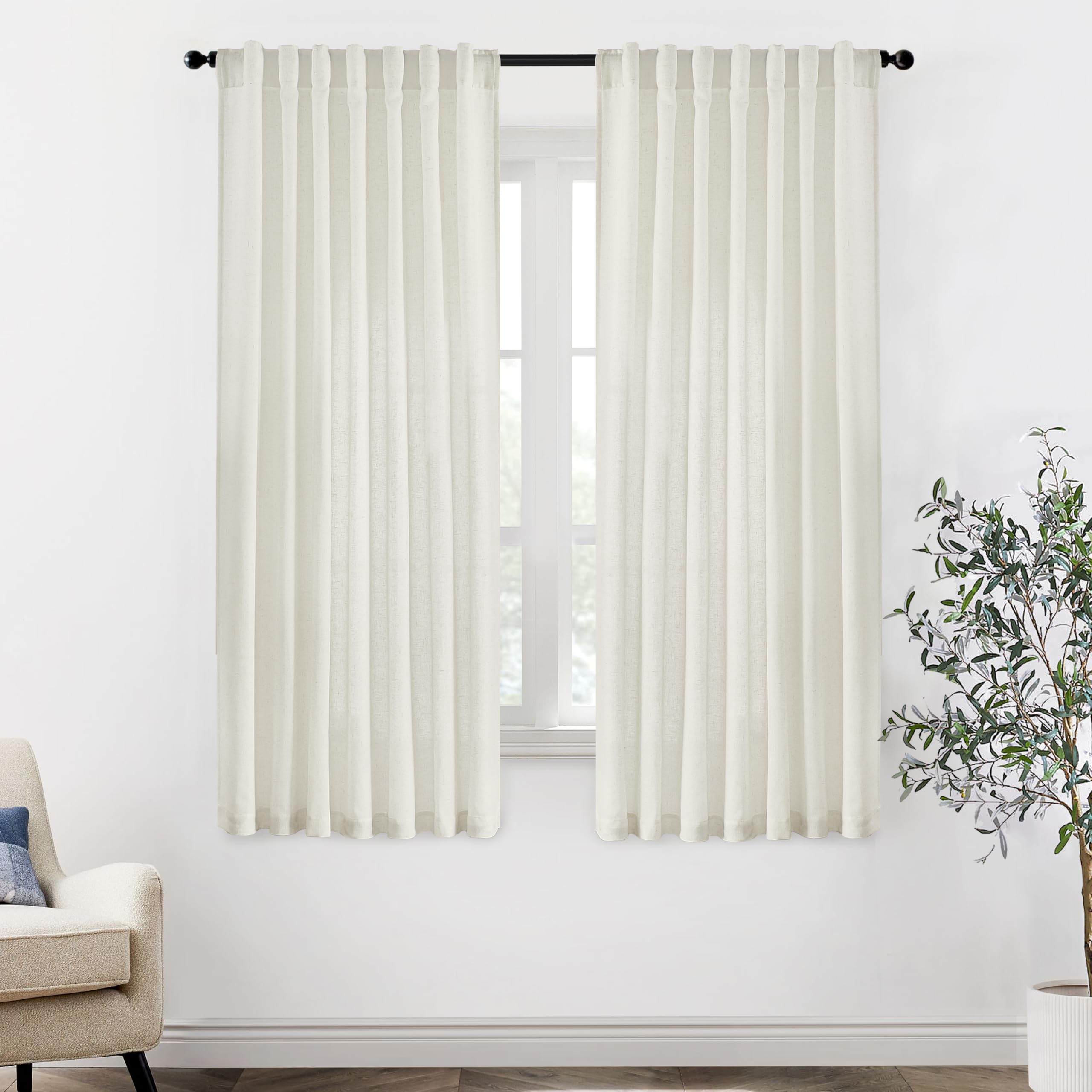 XTMYI 90 Inches Long Sheer Linen Curtains 2 Panels Set,Hook Tape Back Tab Semi Sheer Cotton Blend Fabric Modern Cottage Core Cottagecore Curtain Drapes for Living Room Bedroom,50x90 in Length