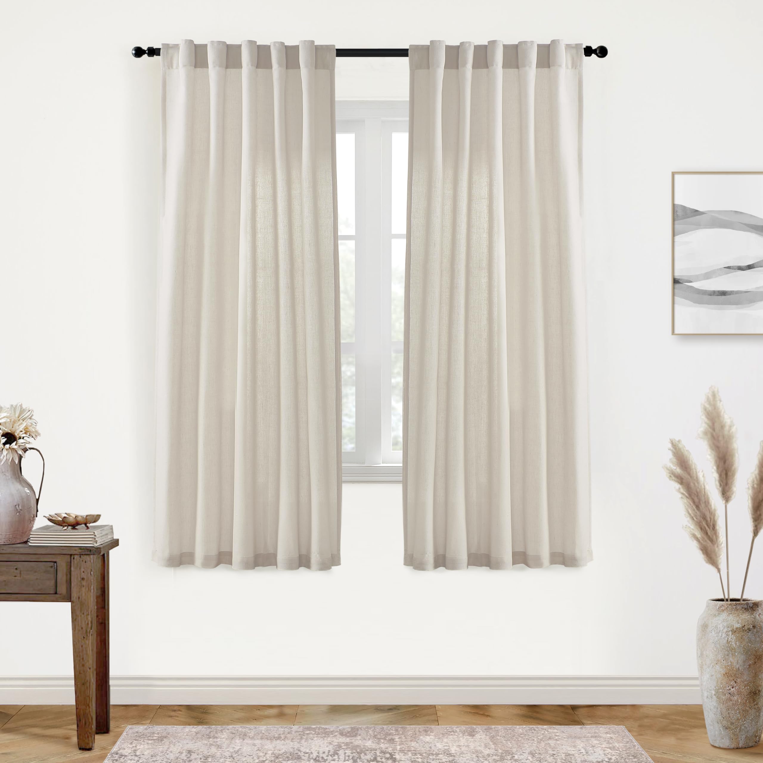 XTMYI 90 Inches Long Sheer Linen Curtains 2 Panels Set,Hook Tape Back Tab Semi Sheer Cotton Blend Fabric Modern Cottage Core Cottagecore Curtain Drapes for Living Room Bedroom,50x90 in Length